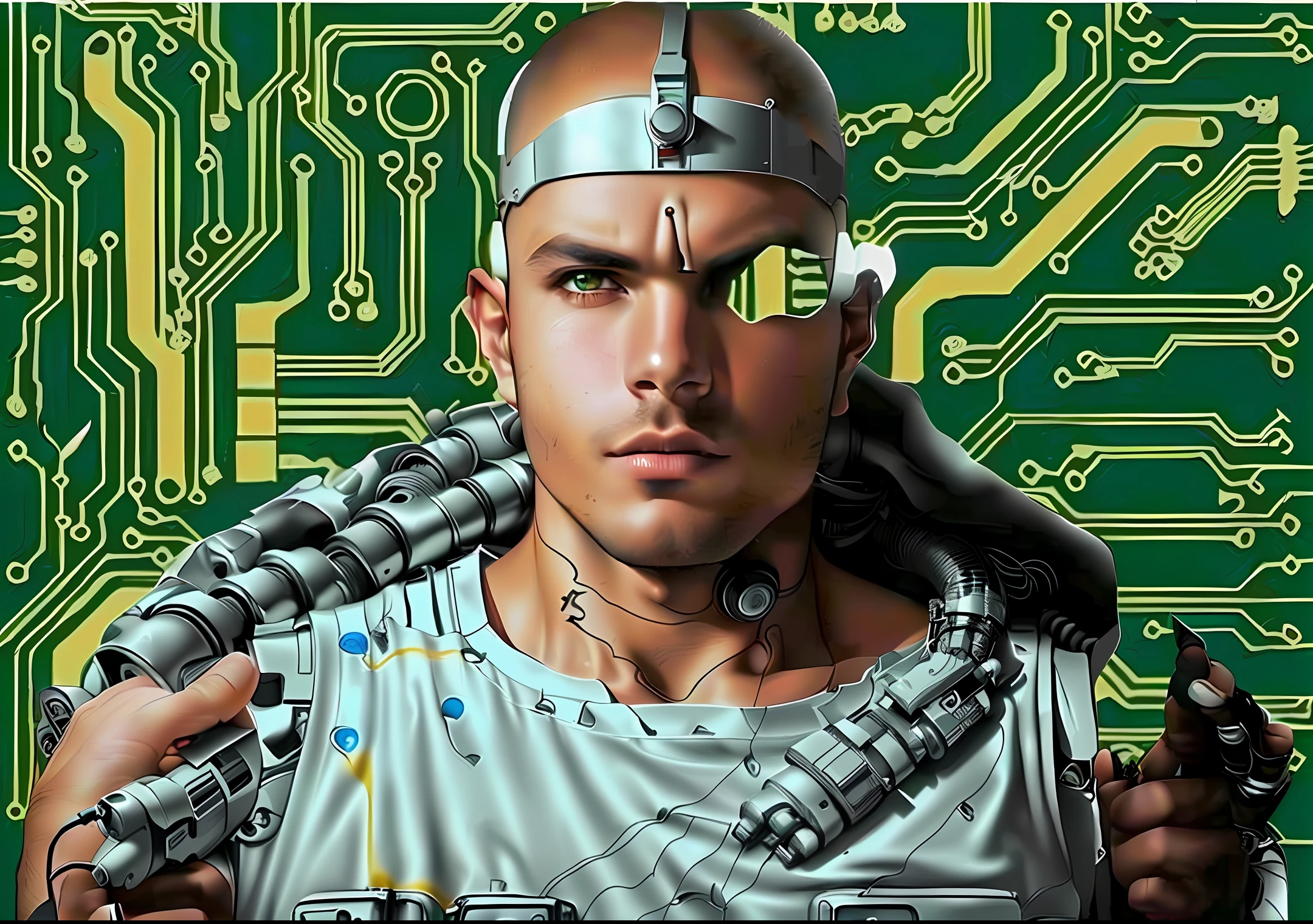 There's a cyborg, sentado, com um fundo de tela no formato de circuito integrado, foto perfeitamente centrada. --auto --s2