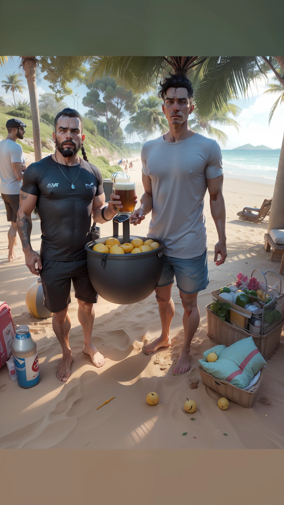 3d, personagem, na praia, dois caras, segurando cervejas