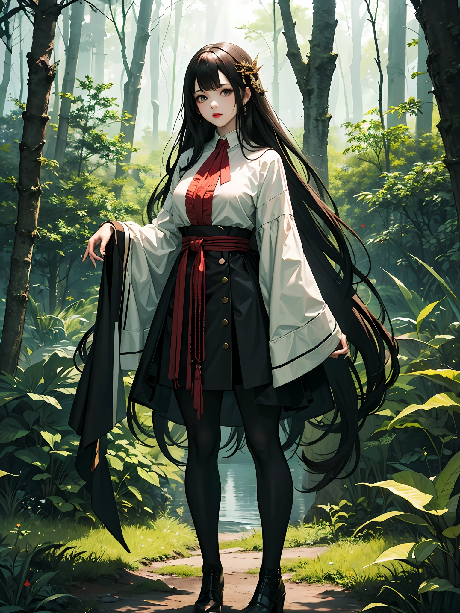 a girl,Highly beautiful,(Very, very normal limbs,charming face,Detailed eyes,Lipstick),Standing in the deep forest,Deep forest,huge trees,Amber light,lakes,light and shadow,Dreamlike