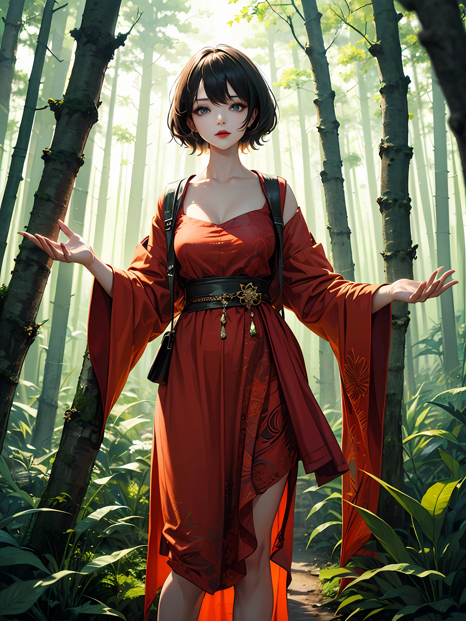 a  girl，Highly beautiful，（Very, very normal limbs，charming face，Detailed eyes，Lipstick），Standing in the deep forest，Deep forest，huge trees，Amber light，lakes，light and shadow，Dreamlike