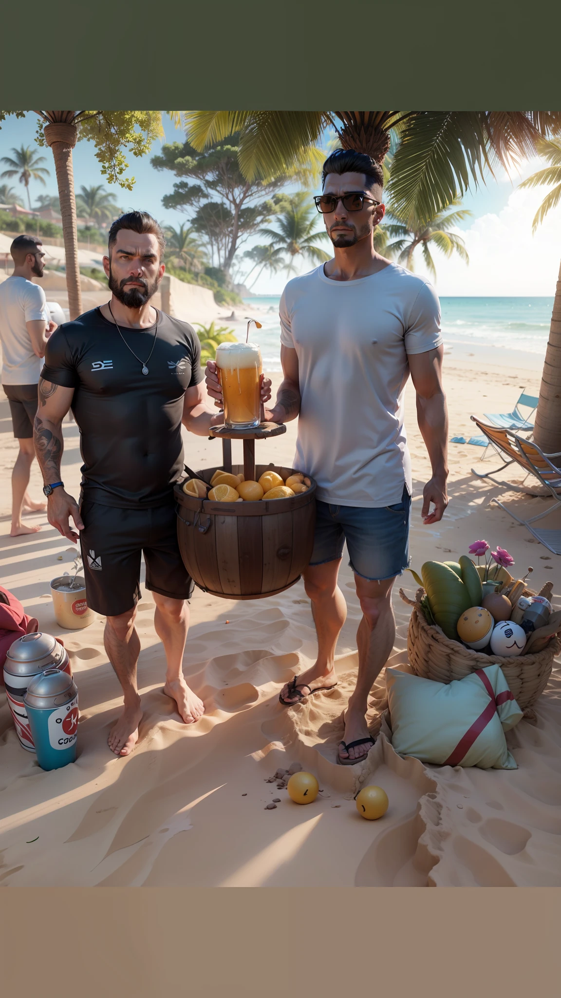 3d, personagem, na praia, dois caras, segurando cervejas,  cabelo curtinho, hd, 8k, realista