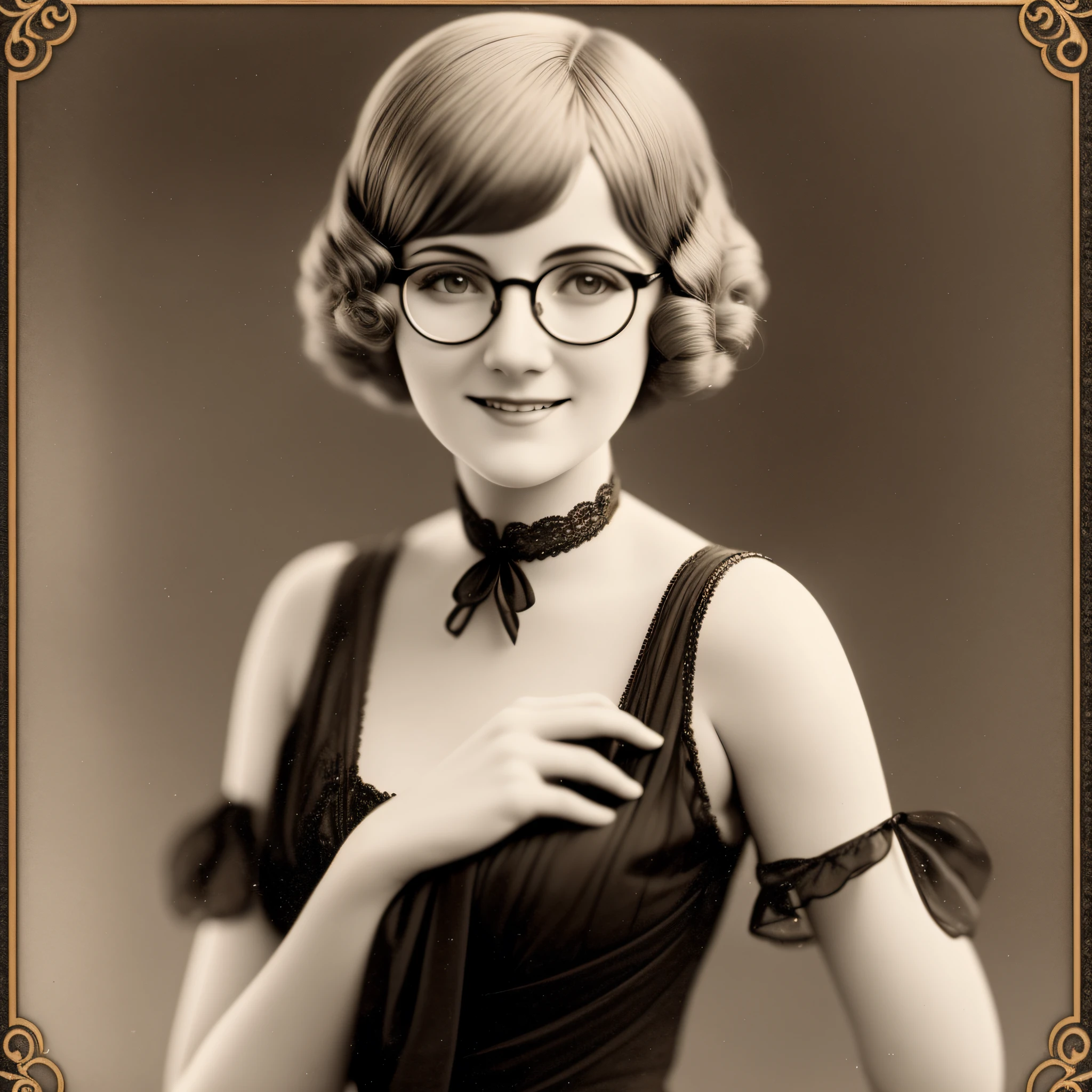 a closeup of a woman in a dress, 1 9 2 0, early 20s, 1920s photo, 1 9 3 0 s haircut, photo of a woman, beautiful woman, wearing short dress, facing the camera, short dress with hands on smiling face, 1 9 2 0 s cloth hair,  Photography from the 1920s, glasses of the time, 4K, FullHD, 8K, 16K, super realistic image. --auto --s2