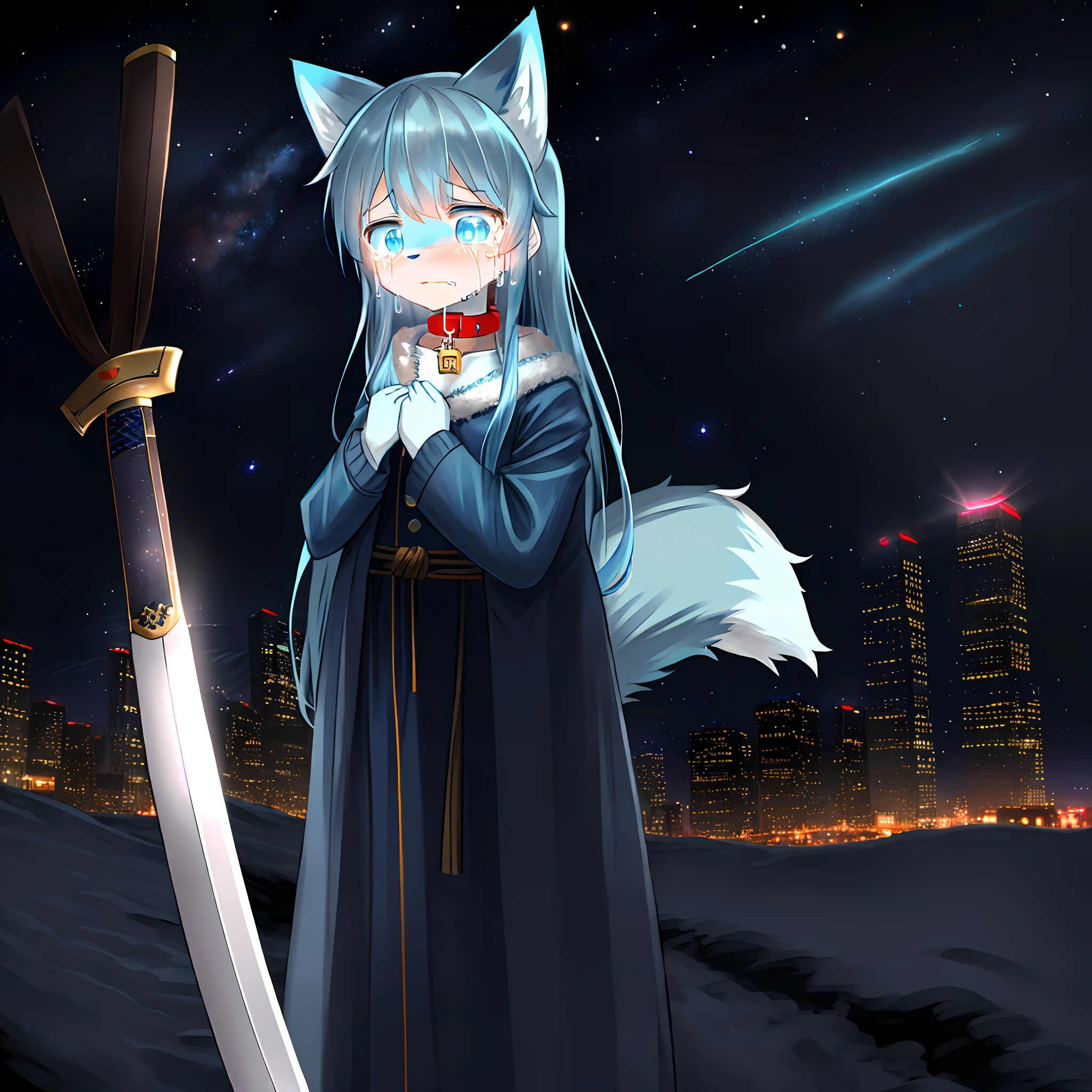 POV furry art, shota, long hair, blue eyes, glowing eyes, girl boy, neon city, snowfall, midnight, fox ears, navy blue ears, fox tail, dark blue fox, dark blue jacket, cute, collar, two tails, space katana, The god,,fur body, full body, the lower body is, snow fox, charactor, Masterpiece, Fluffy Tail, current, Bashful,,Highest picture quality, 8K, Full Hd, Tattood, winter,, light blue hair, 10 years, humanoid, child, gallows, struggling, begging for mercy, crying, Killed,choking,hang oneself