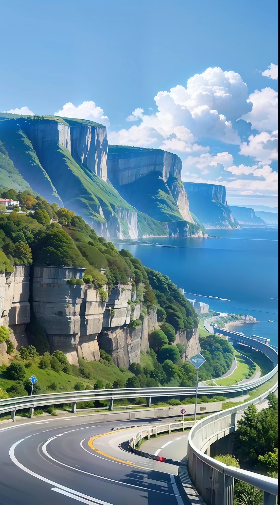 The cliff road by the sea, the mountain on the right side of the road, a car is moving, a big heart-shaped white cloud in the blue sky, a round white cloud on the road