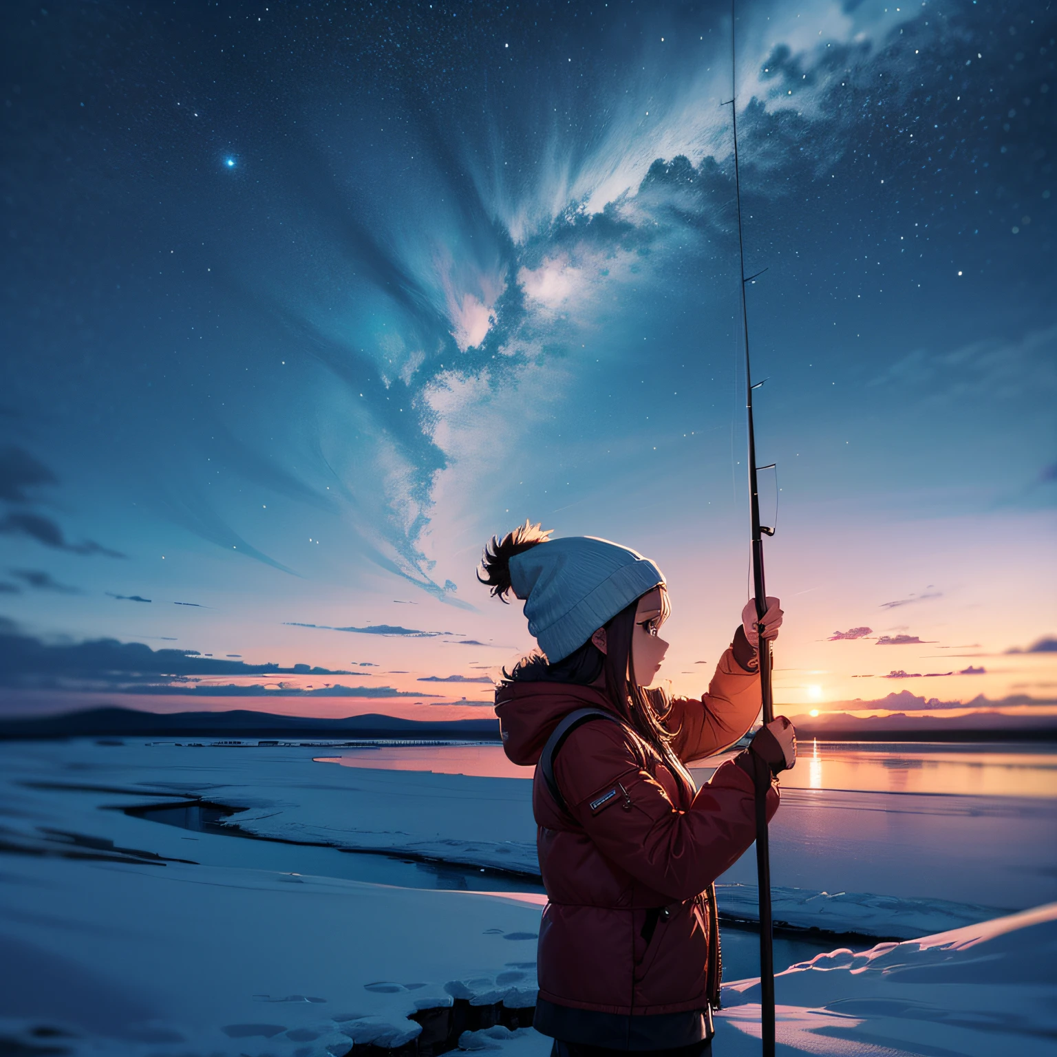 Girl fishing at night in the cold of the arctic over the light of the bright boreal auroro in green --auto