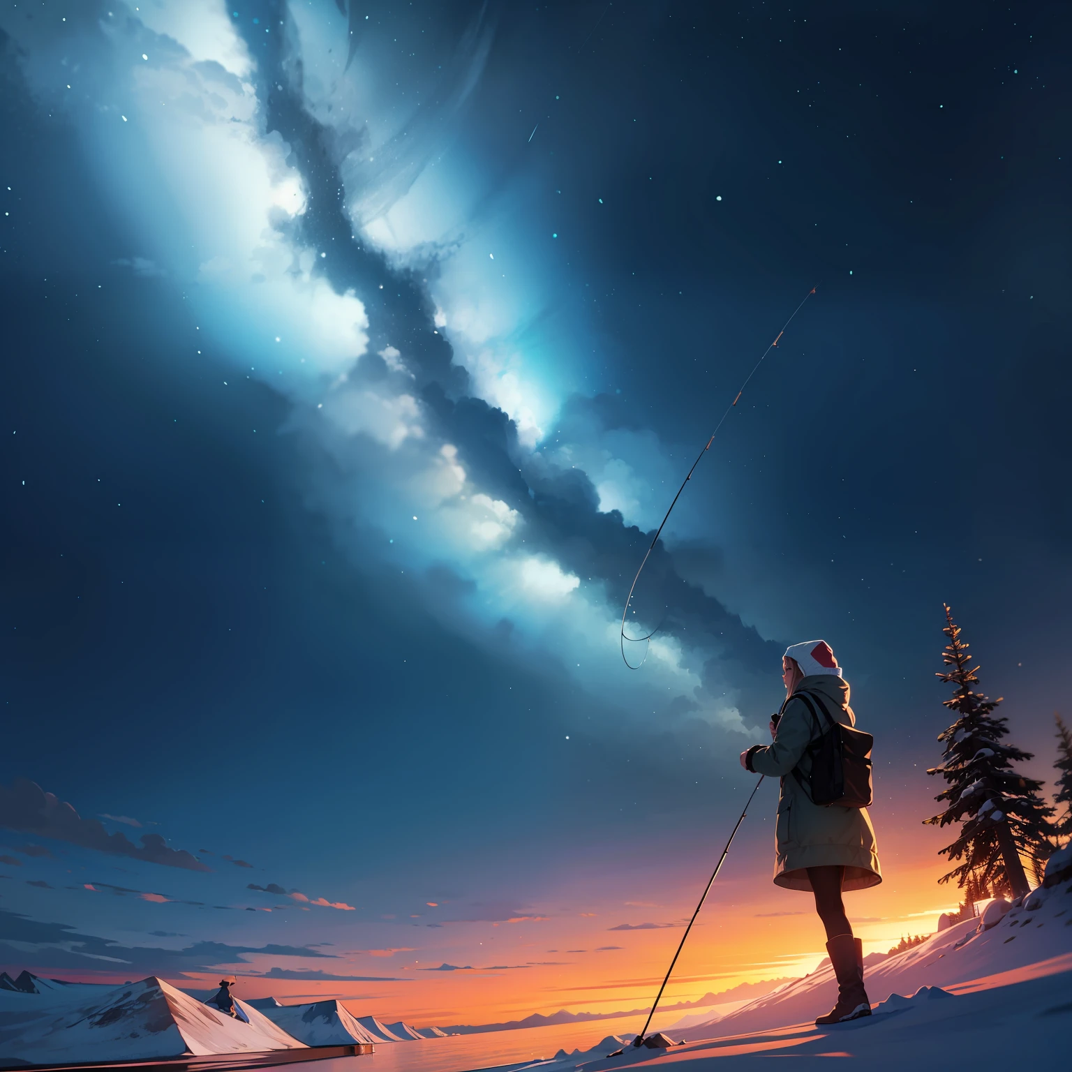 Girl fishing at night in the cold of the arctic over the light of the bright boreal auroro in green --auto