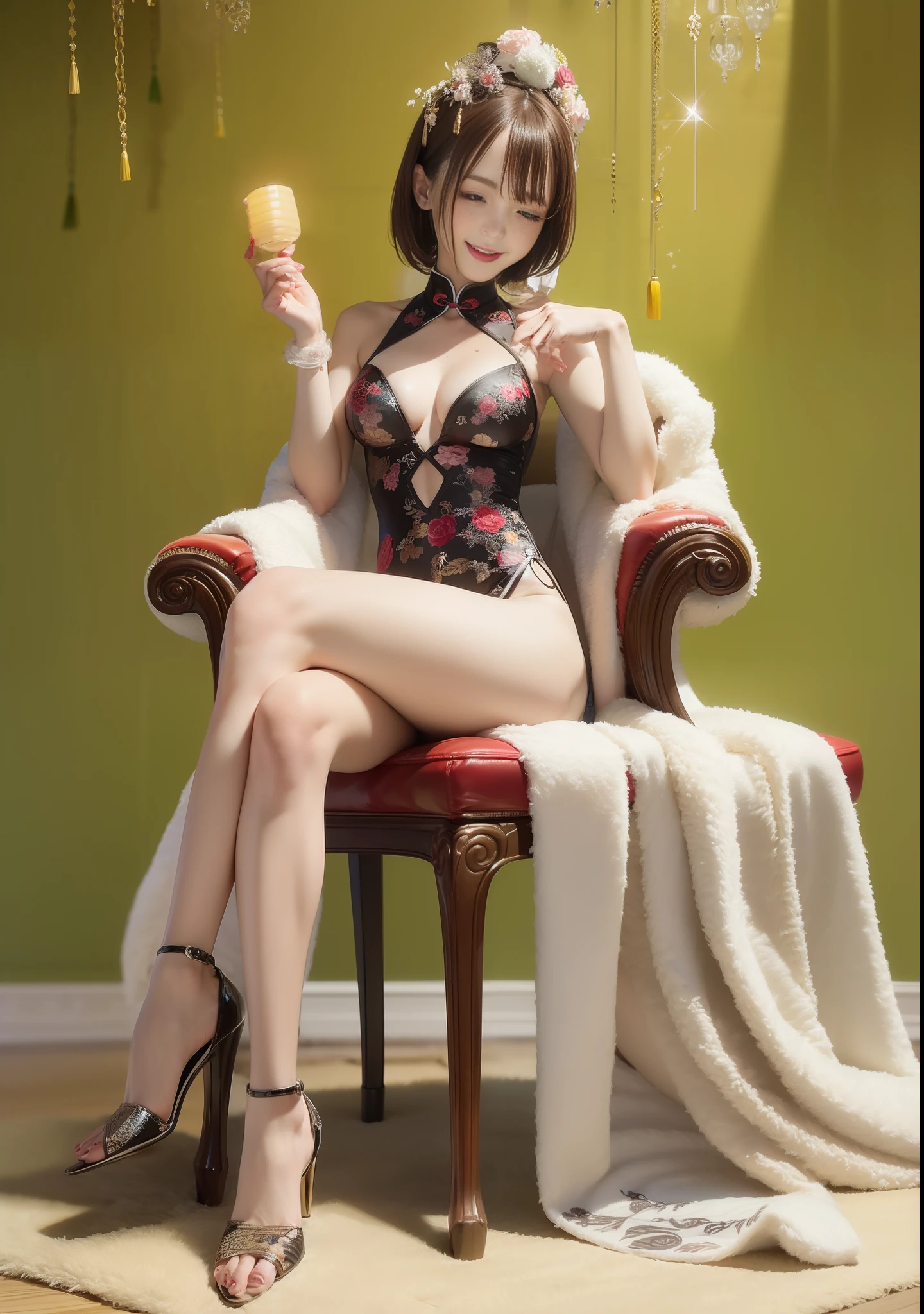 A sexy and seductive lady,High-forked cheongsam,Gorgeous cheongsam,stiletto heels,naked leg,Teasing expressions,sit on throne,streaked hair,Brunette,moles under the eyes,Half-closed eyes,MAKEUP,anime styled,Chinese court,Chinese feeling,lanterns,Chinese knot,Ultra high definition,Masterpiece、,8k,best quaity,ccurate,Anatomically correct,highly detailed characters,Stiletto heels,naked leg,Rounded and smooth bare legs,(8k, Raw photo, best quaity, Masterpiece、,:1.2), european feel,Medieval,((Character Concept Art)),full body concept,Still life, Fine detail, center of screen, still life only,