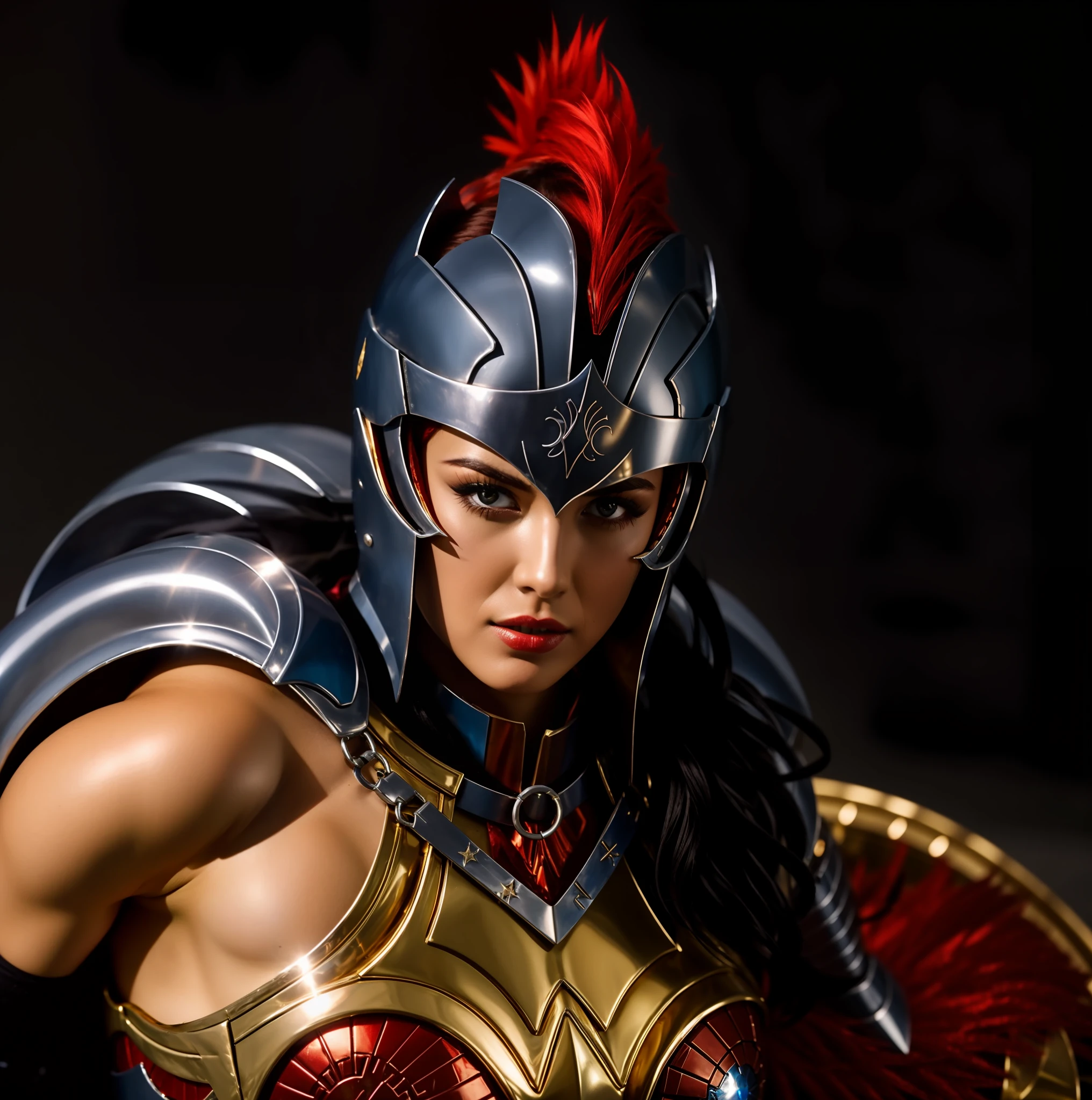 4K, mulher Maravilha, corpo musculoso, metallic armor, elmo de gladiador, Casaco azul