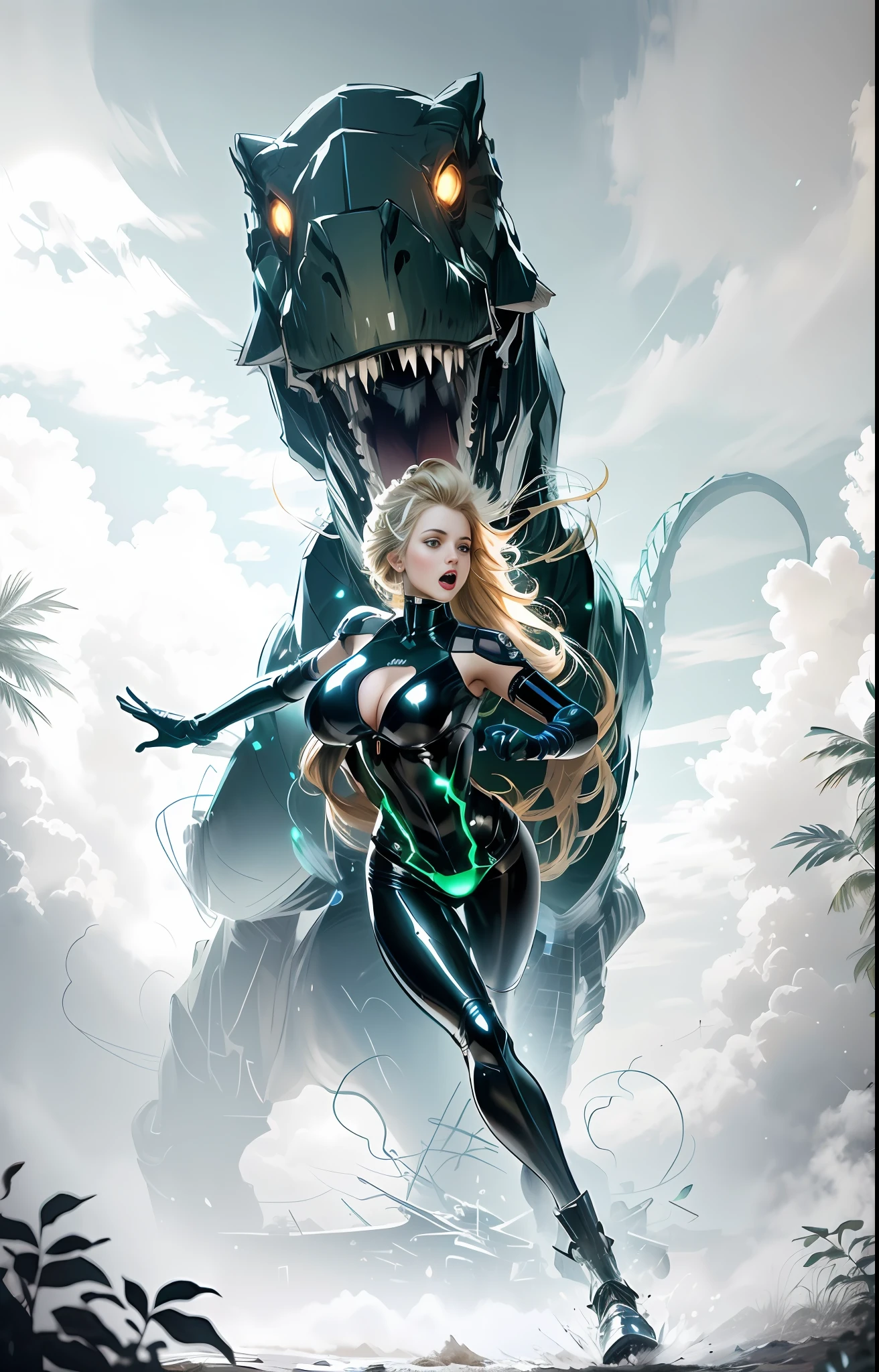 Girl wearing green latex suit, blonde hair, long hair blown by wind, underboob, scream, afraid, running. Chased by giant cybernetic dinosaur, dinosaur on background, background jungle forest, girl has mechanical arms, speed lines, masterpiece, hires, 4k, dim light, dark aesthetics, intricta detail