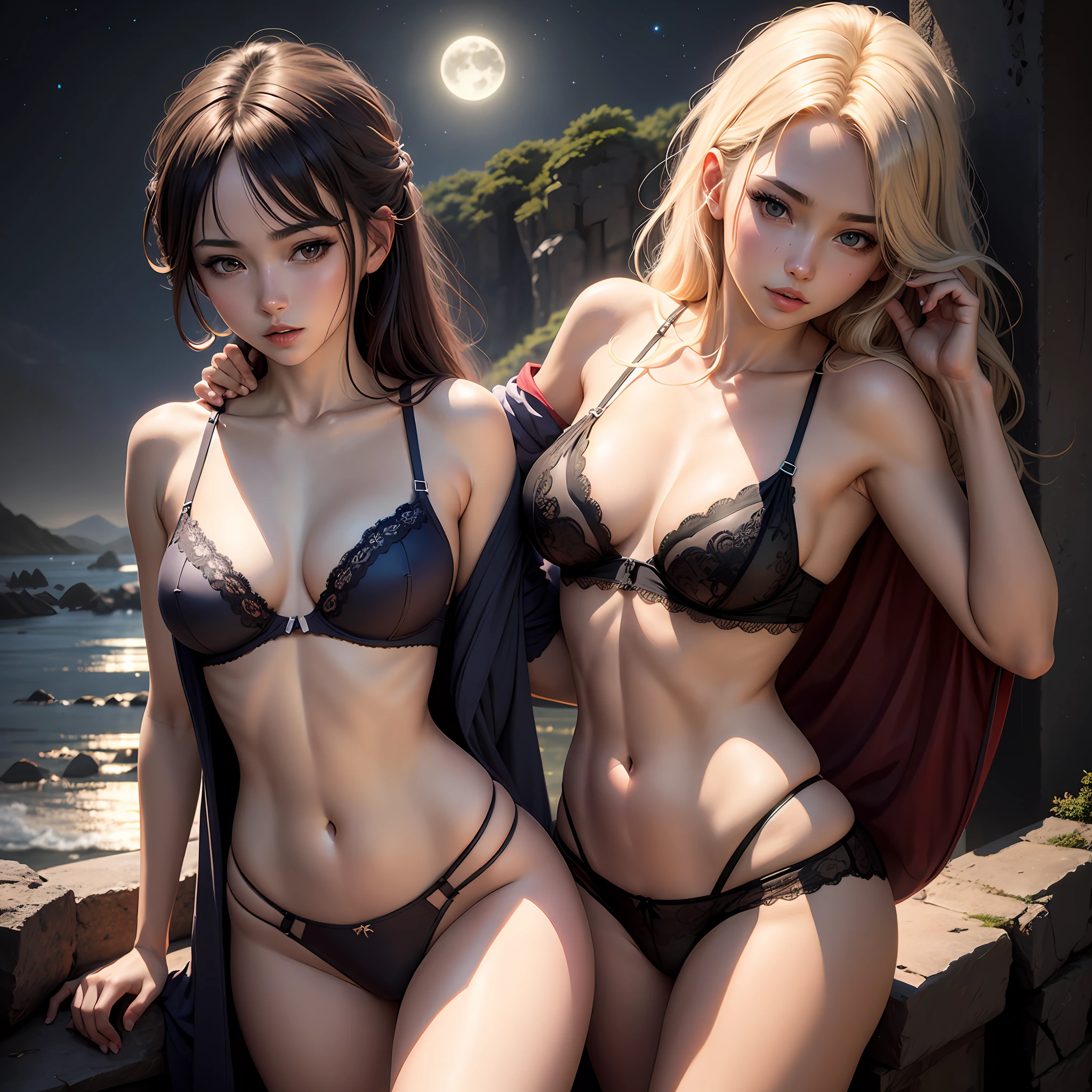 Anime girl, sexy girl, realistic, anime style, skimpy lingerie, parted lips, high definition high quality, moonlight landscape --auto