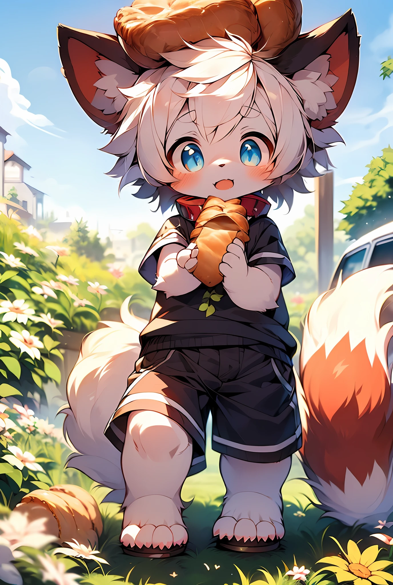 masterpiece, high quality, absurd res, digital painting \(artwork\), by dagasi, yupa,kiyosan,(fluffy fur,White fur, full body fur,croissant,Collie pattern:1.2),anthro male sheep. blue eyes, bright eyes,panorama,character focus.detailed background,eat cantaloupe,(bells, pet collars,loose clothes:1.2),(sheep,bread, meadow:1.3)