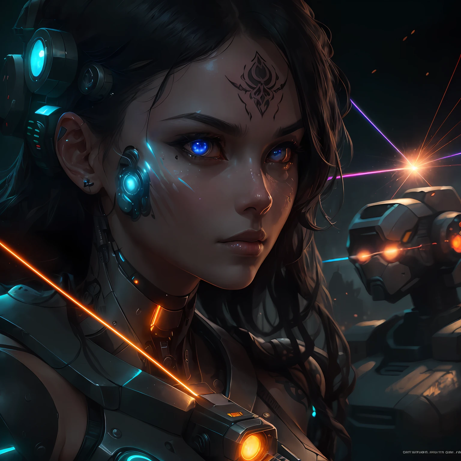 (highly detailed:1.2),(best quality:1.2),8k,sharp focus,(subsurface scattering:1.1),(nsfw:1.1), (award winning photograph:1.2),1girl, (many many detailed black tattoos on face:1.2), by emb-rrf-low,(many many thick black dark tattoos on body nose and eyes:1.2),(close shot:1.2), (separation of face segments:1.1), (deep seams on face and body:1.2)
(beautiful cyborg with scifi laser gun:1.3), (shooting lasers at enemy robots:1.3), (dynamic action pose:1.2),  neon glow under the skin
(very detailed clothes:1.2), (highly detailed background:1.3), RPG, Elden Ring, (scifi:1.2), (hyperrealistic:1.2), dramatic lighting,artstation, artgerm, greg rutkowski, alphonse mucha, trending on artstation, trending on deviantart, wlop --auto