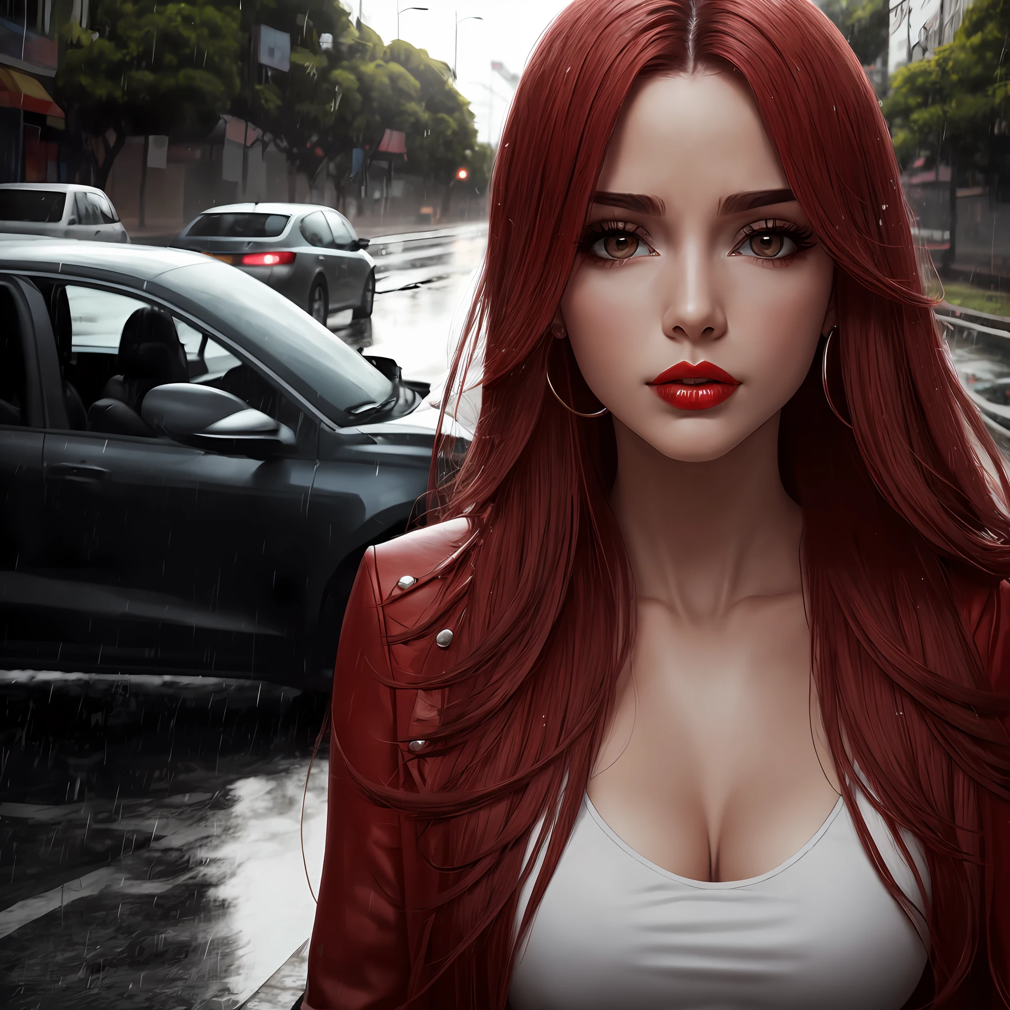 Uma garota segurando um guarda chuva em uma noite chuvosa, usando capa longa vermelha, cabelos escuros, red pouty lips, rua com carros e lojas, 4k --auto