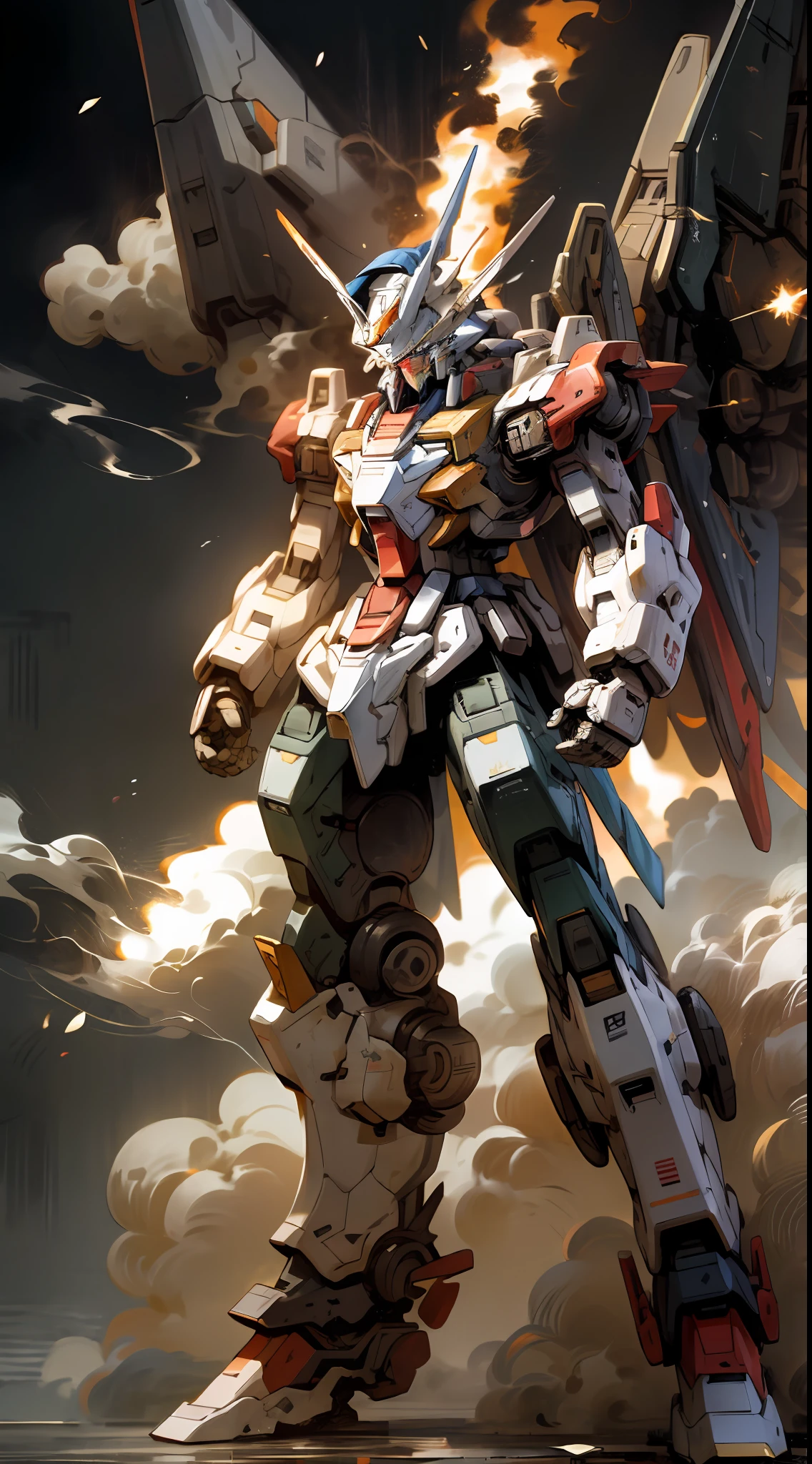 Mecha, Gundam, Full Body, Front Image, Symmetrical Composition, Spark, Smoke, War, Ruins, HD Pictures, Super Detail, High Quality, Best Quality, Engage Resolution The most beautiful artwork in the world, high detail, clear focus, realistic painting art,