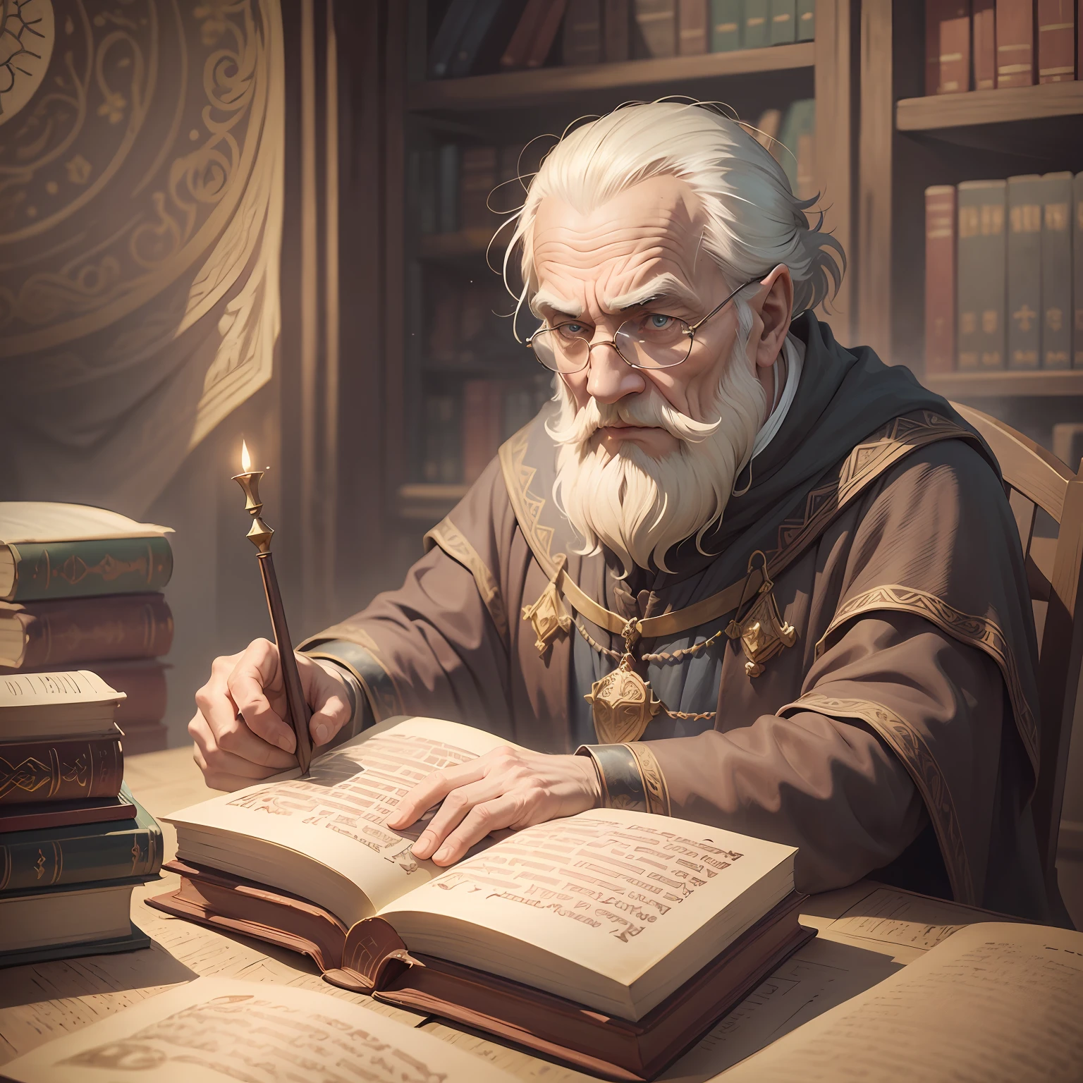 "Wizard in fantasy style, A good old man with power over the elements and transmutation, An ancient sorcerer with wisdom in a tome". --auto
