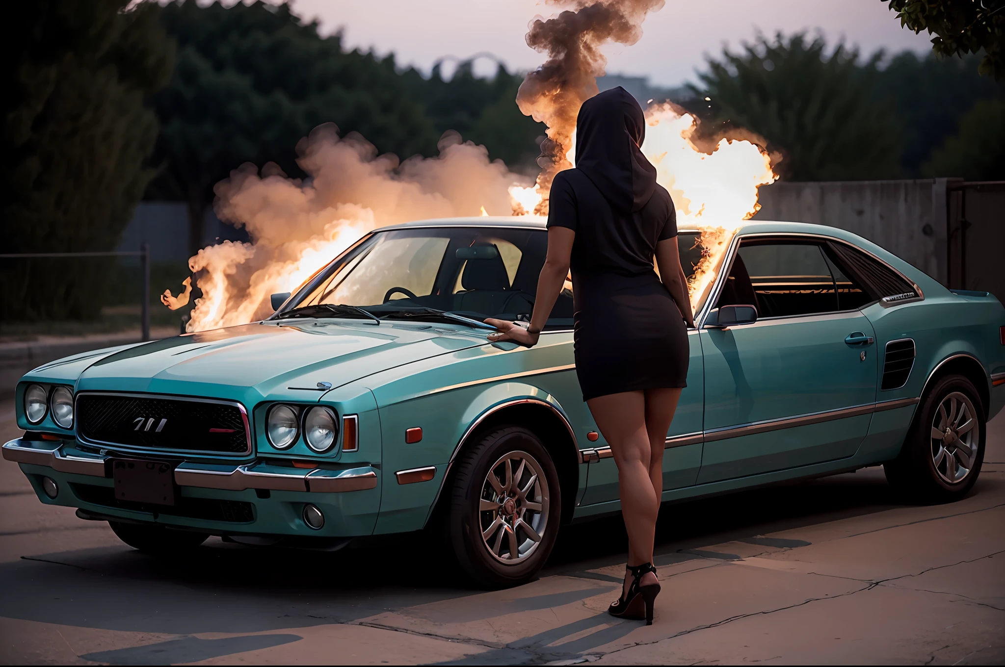 Back view full body photo of a woman in a short and tight summer dress in front of a raised hood of a car with smoke coming out. shot on canon 5D Mark IV with canon 16-35mm lens, cinematic lighting, Wes Anderson style, ultra detailed, night, haze, high resolution, perfect composition--ar 3:2