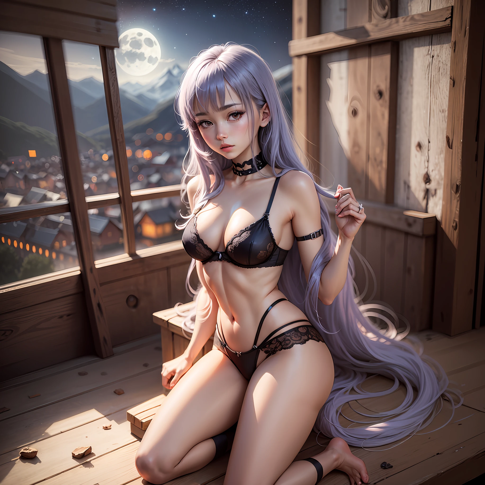 Caracter: rimuru, Anime girl, sexy girl, realistic, anime style, skimpy lingerie, parted lips, high definition high quality, moonlight landscape --auto