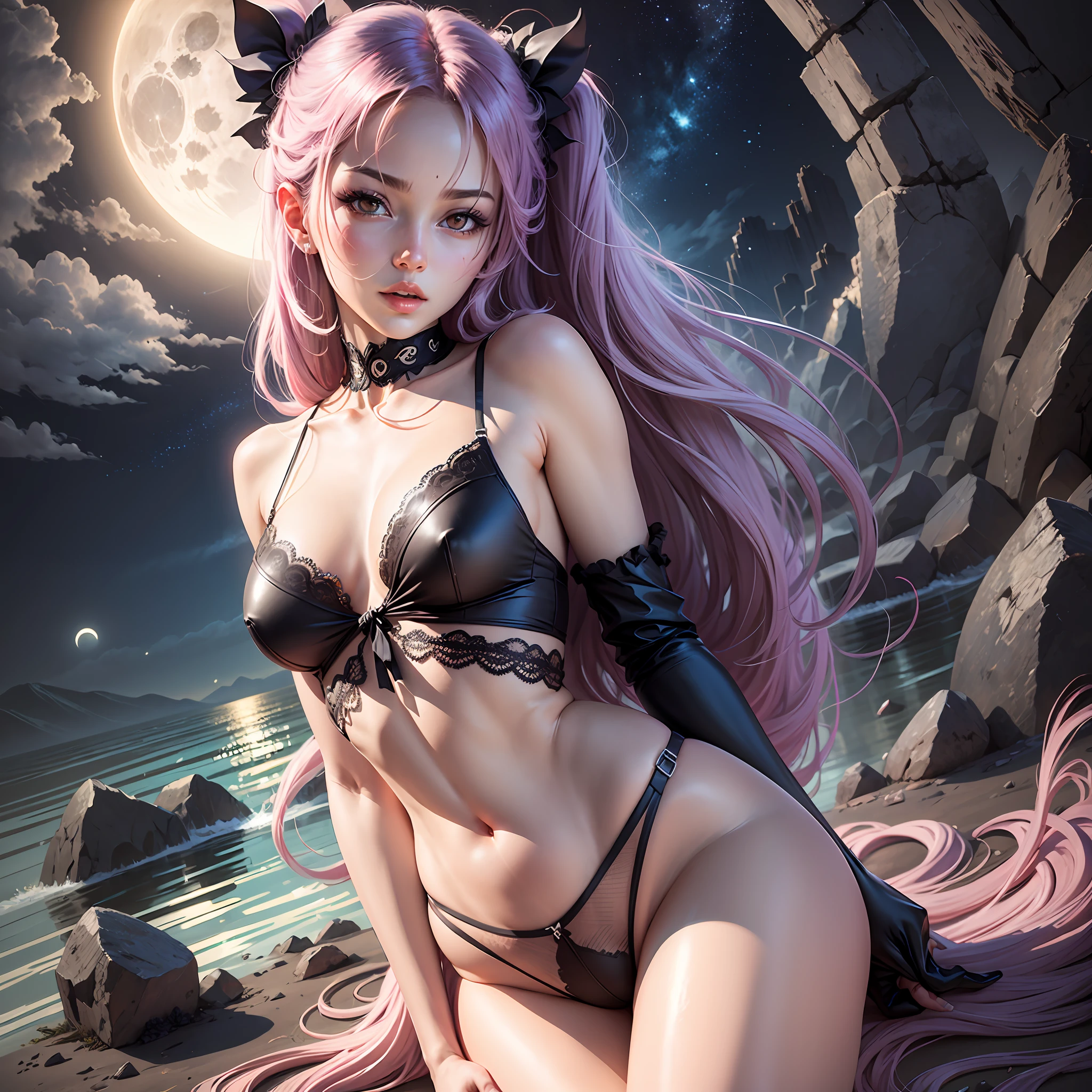 Caracter: rimuru, Anime girl, sexy girl, realistic, anime style, skimpy lingerie, parted lips, high definition high quality, moonlight landscape --auto