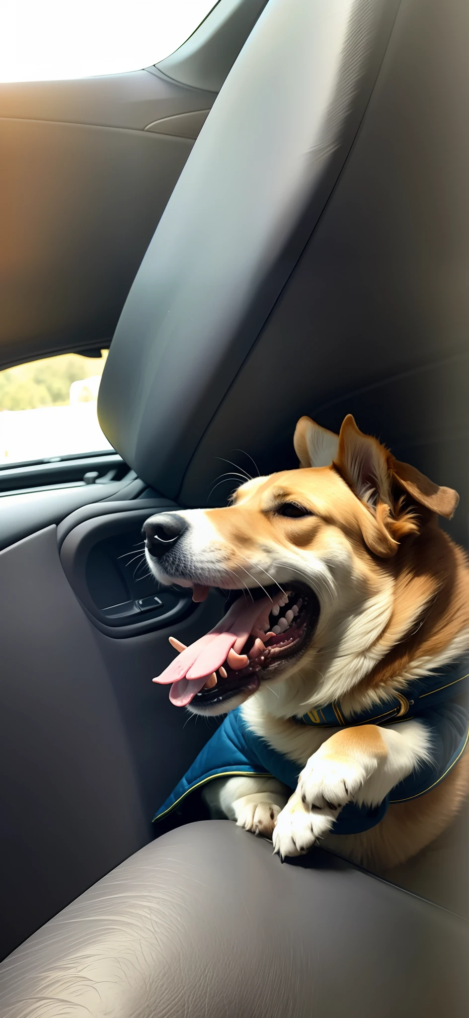 there is a dog that is sitting in the car with its tongue out, patas no volante, lambendo para fora, cachorro observando o carro, olhando heckin legal e elegante, sentada em seu carro, olhando para o lado, patas na roda, Closeup. boca aberta, tongue sticking out, feliz com a boca aberta, tongue out, driving, boca ligeiramente aberta