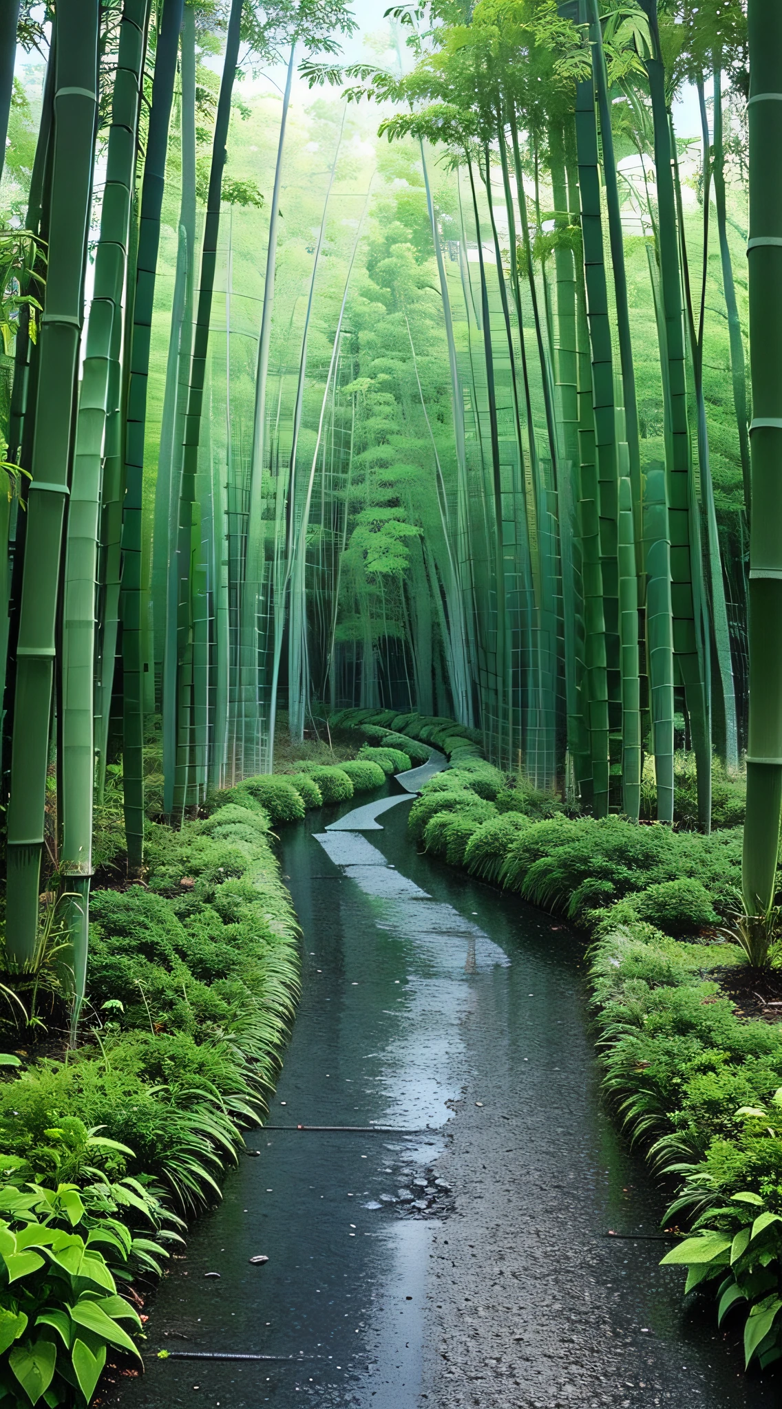 On both sides are towering bamboo forests, bamboo forests in the rain, and in the middle is a slate path that winds its way forward and disappears deep into the dense forest