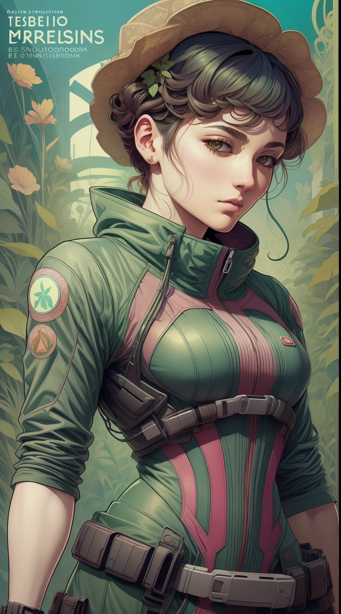 album cover, adrian tomine, akihiko yoshida, alphonse mucha, afrofuturism, biophilic design, abstract expressionism(1belissima mulher com roupa techwear, cabos, fios)fundo abstrato detalhado
