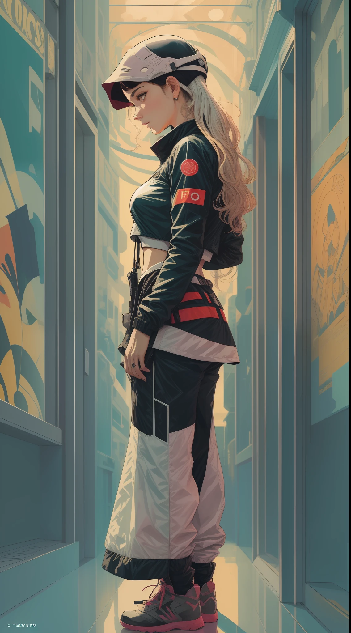 album cover, adrian tomine, akihiko yoshida, alphonse mucha, afrofuturism, biophilic design, abstract expressionism(1belissima mulher com roupa techwear, cabos, fios)fundo abstrato detalhado