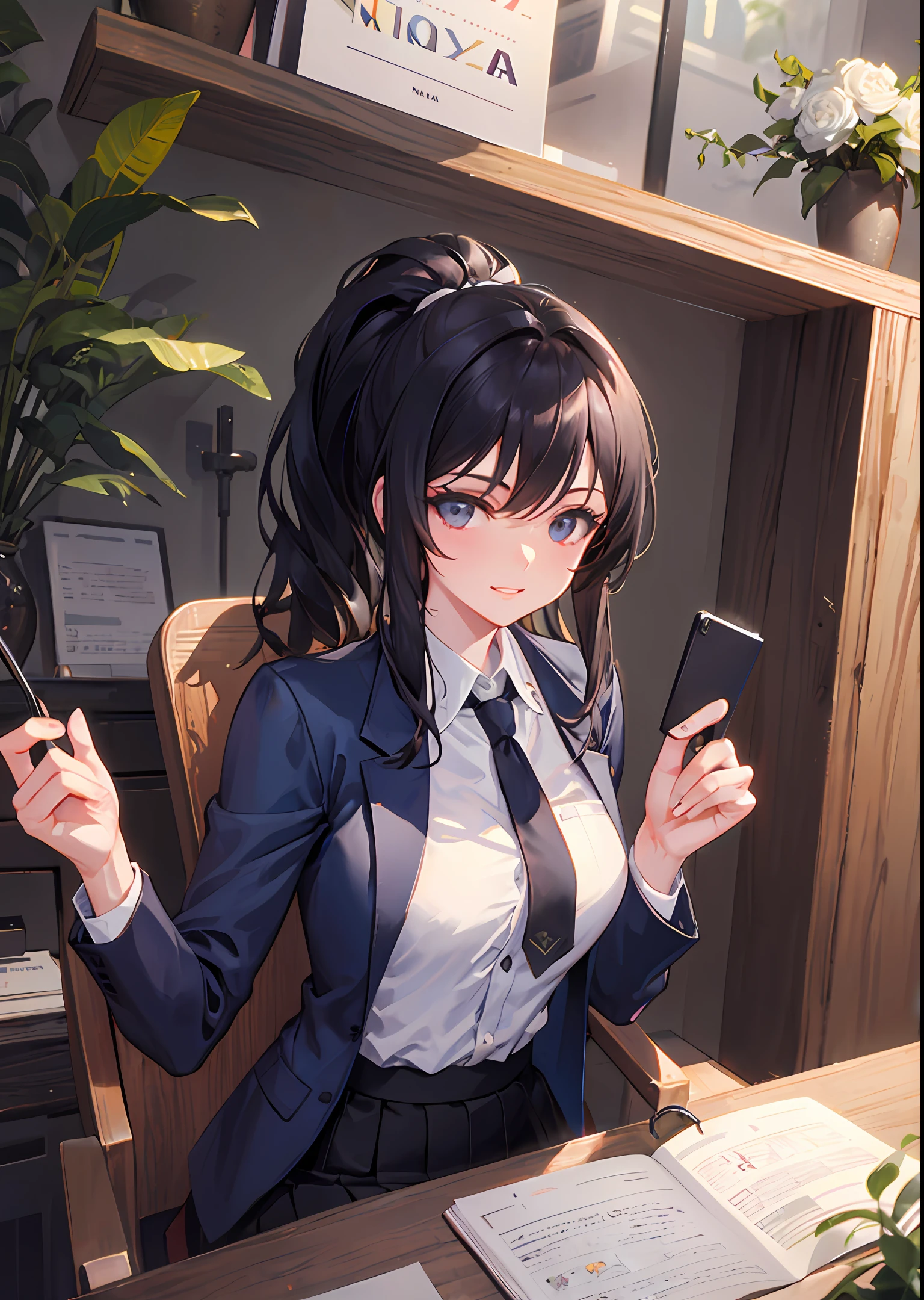Desenho 2d estilo mangá. De frente para o espectador, Elegant businesswoman, Beautiful and confident sitting in her sleek and modern doctor's office. 
Em cima da mesa, computador, Agenda and vase of flowers orchids. 
Ela usa uma camisa branca crocante com um blazer afiado, and her black hair is styled in a ponytail style. His expression is focused and determined, with a hint of smile that conveys your inner strength and confidence. Ao fundo, uma grande janela oferece uma vista deslumbrante de um lindo jardim. The general mood is one of power and ambition, capturing the strength and determination of a woman well-sucedida no ambiente de trabalho.