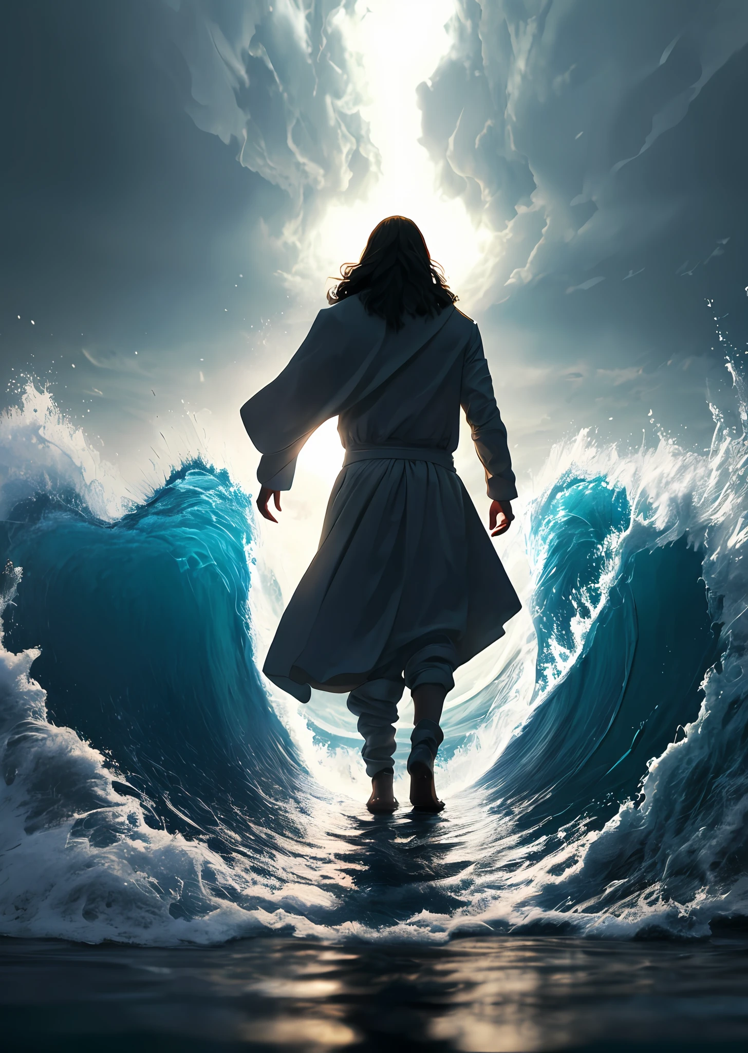 jesus walking on water in a storm, masterpiece, best quality, high quality, extremely detailed CG unit 8k wallpaper, award winning photography, Bokeh, Depth of Field, HDR, bloom, Chromatic aberration, photorealistic, extremely detailed, trending on artstation, trending on CGsociety, intricate, high detail, dramatic, mid-journey art, volumetric lighting