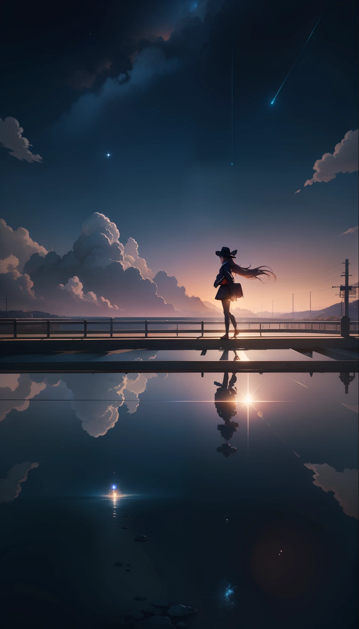 High quality masterpiece, landscape, anime train passing through bodies of water on tracks, bright starry sky. Romantic train, pixiv, concept art, lofi art style, reflection. by Makoto Shinkai, lofi art, Beautiful anime scene, Anime landscape, detailed scenery —width 672, in style of Makoto shinkai, style of Makoto shinkai, enhanced details.