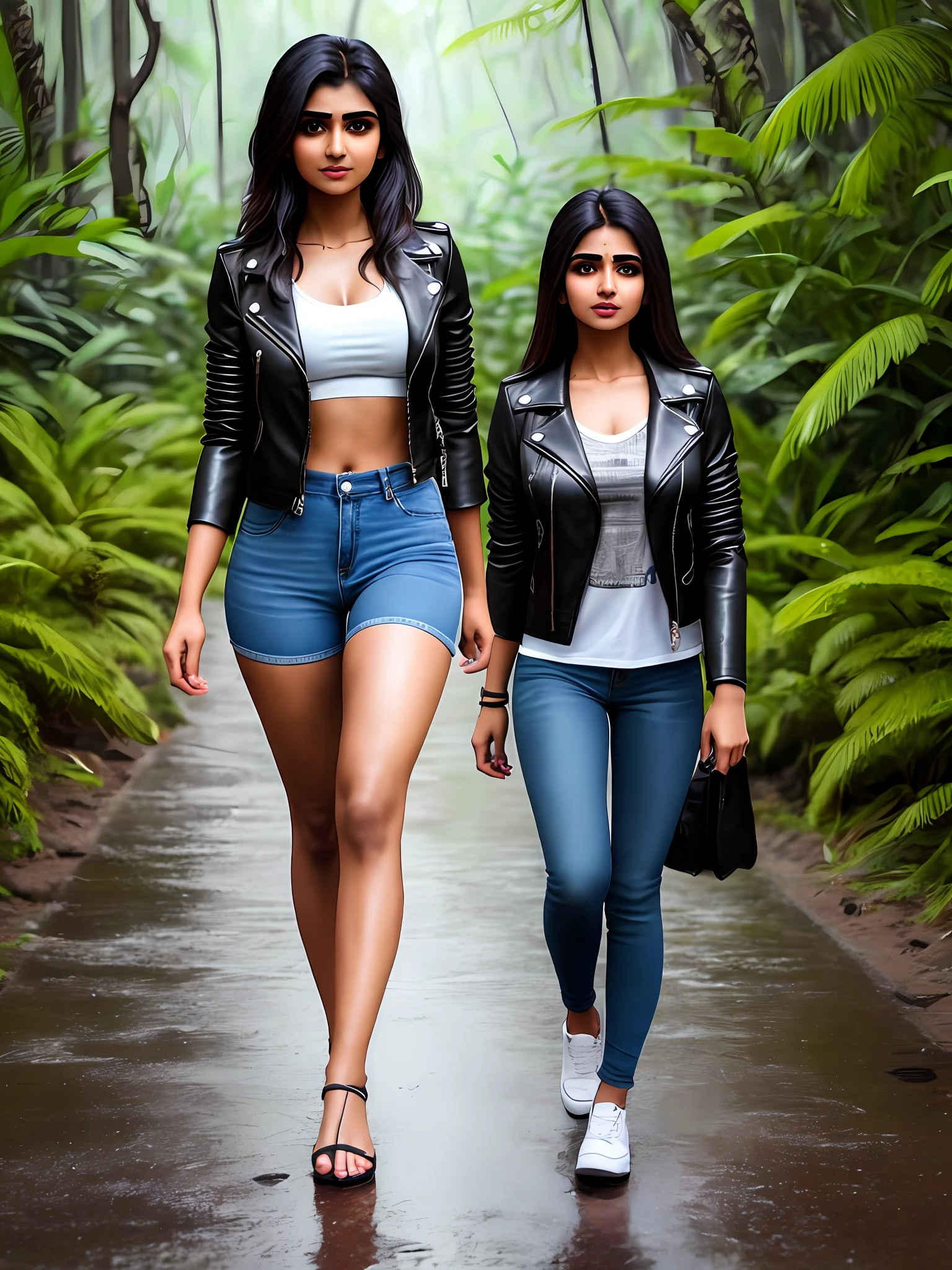 indian sexy girl,  boobs,trendy Jean's, half black leather jacket, gorgeous pretty beauty, looks hot, rain forest alone walked