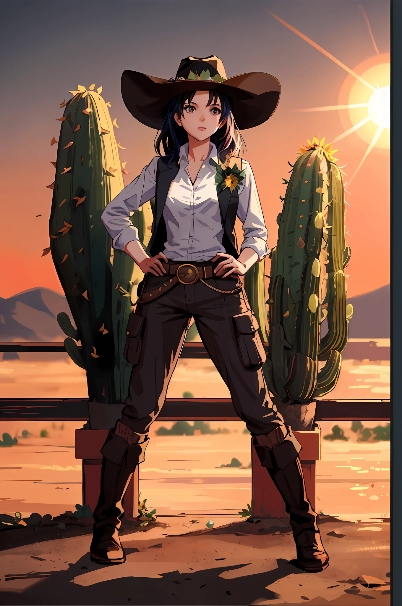 cowboy girl in a hat( There's a sunflower in her hat) and boots standing next to a cactus, cowgirl, highly detailed exquisite fanart, beautiful cowboy witch, 🤠 using a 🖥, western cowgirl, oldwest, detailed fanart, western comic style, female sheriff, commission for high res, high quality anime artstyle, artgerm and atey ghailan, trending on artstation pixiv