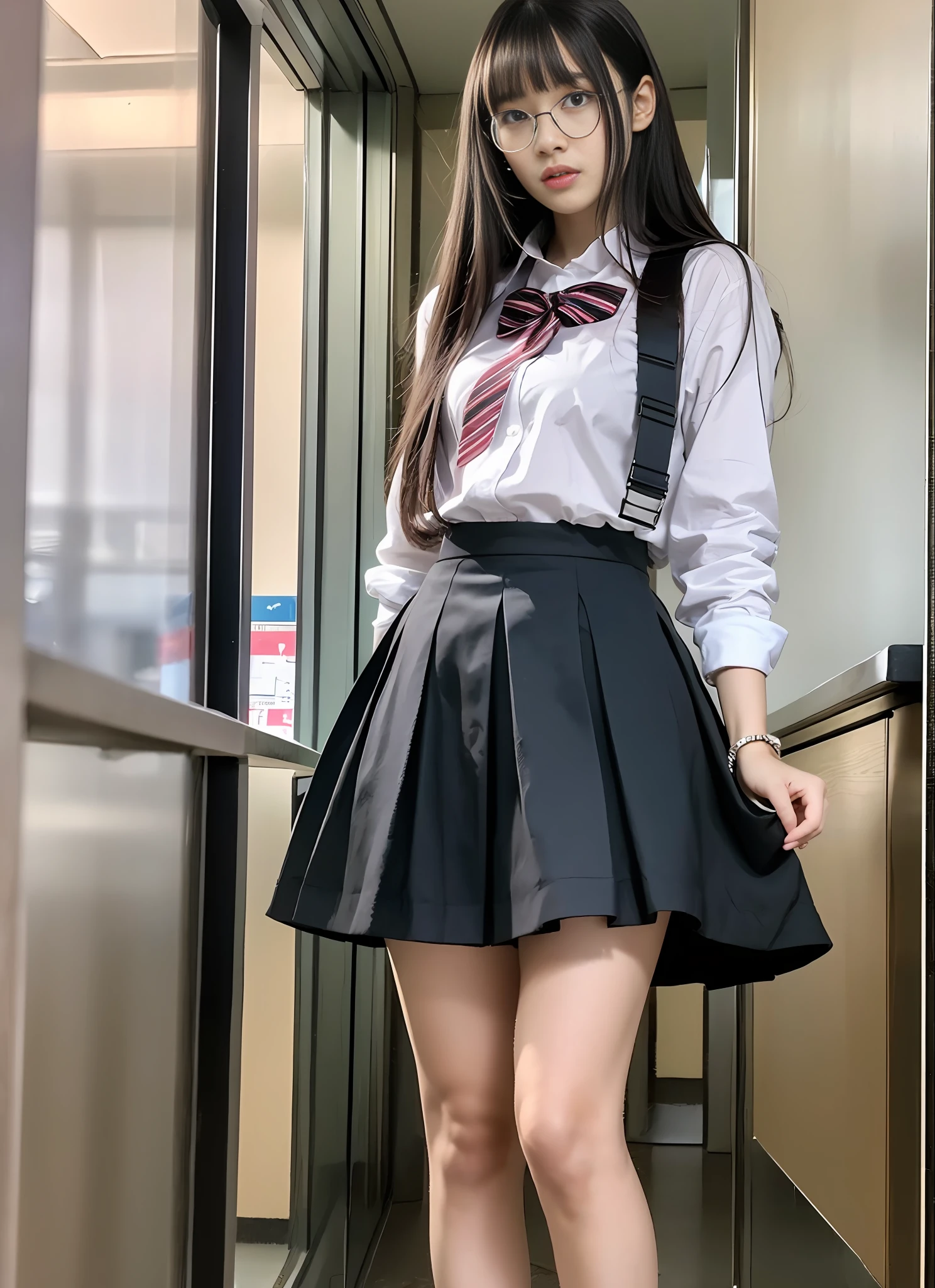 Full body portrait。Angle from below。The landscape is、Japan High School Classroom。Meanwhile、High school girl studying at desk。She wears her Japan high school uniform。big Chest。white panty。Her hair is black、thick bangs、We have all。The girl looks at the notebook with a serious expression、Hold the pen、They seem to be studying hard.。With details reproduced to the smallest detail、Express her facial expressions and even the texture of the fabric of her clothes。At the highest image quality、Draw a full-length reflection of her being a fashionable and fashion snap model。