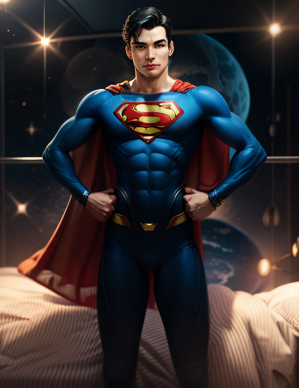 Homem, jovem, superman, hands on the waist, in space. --auto