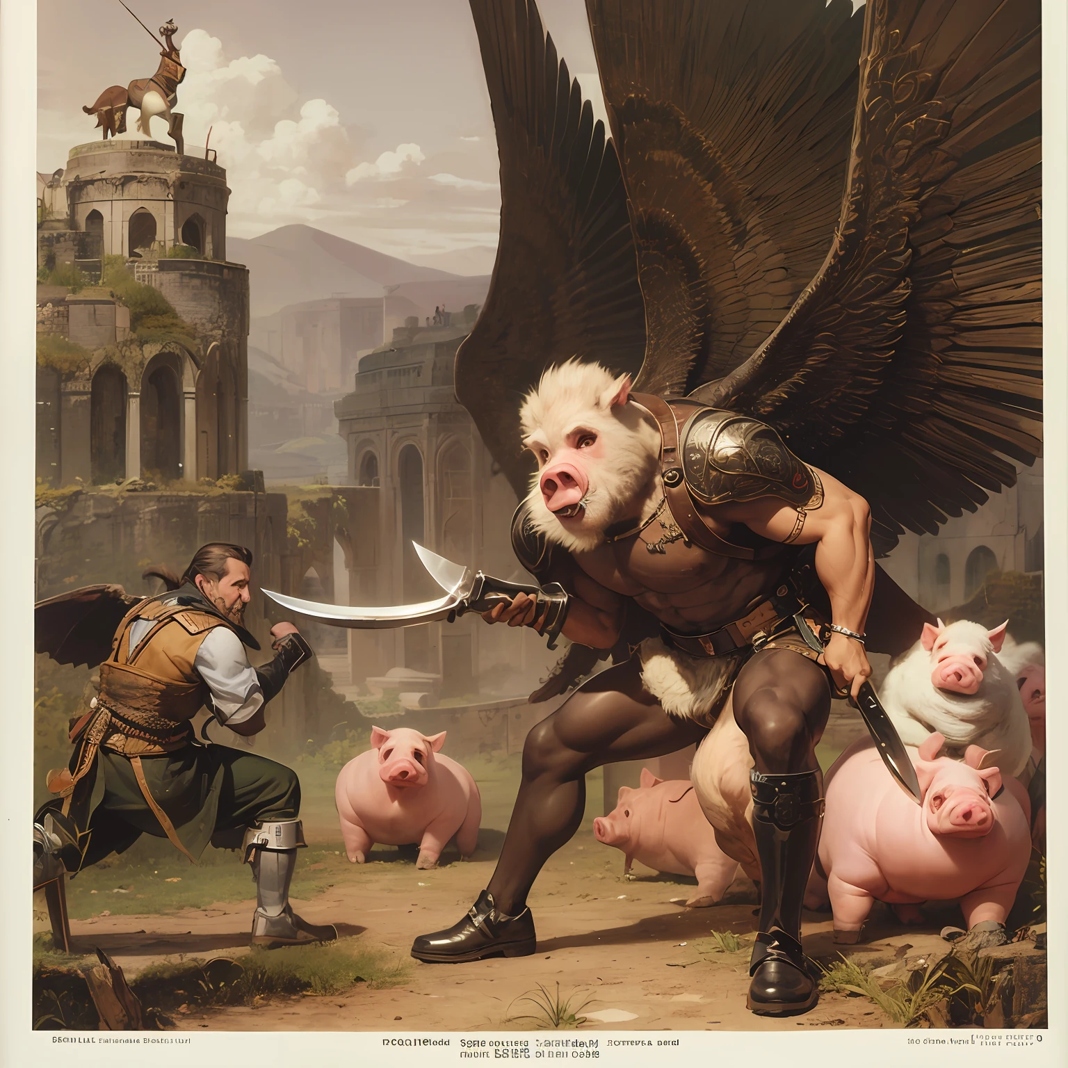 there is a strong man with a knife, head of a pig with pair of wings, um homem porco muito forte e peludo, anthropomorphic warrior, Realista, detalhes variados, --auto