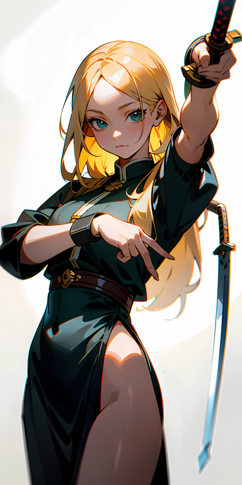 absurd resolution, high resolution, (masterpiece: 1.4), ultra-detailed, 1girl, young warrior, simple clothes, blonde hair, long hair, sword, holding a sword