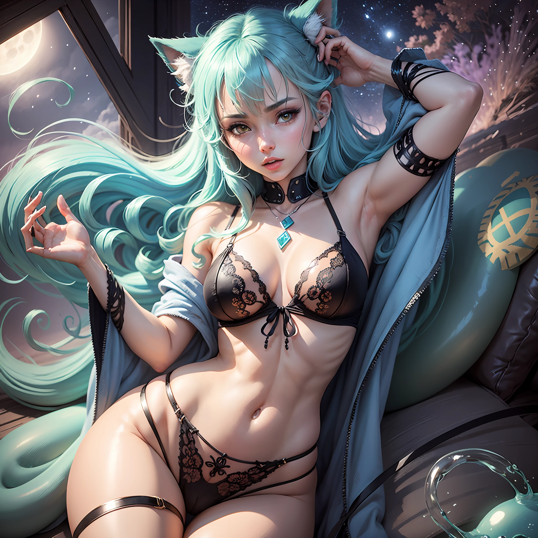 Caracter: rimuru tempest (from. Tensei shitara slime datta ken), light blue hair, yellow eyes , Anime girl, sexy girl, realistic, anime style, skimpy lingerie, parted lips, high definition high quality, moonlight landscape --auto