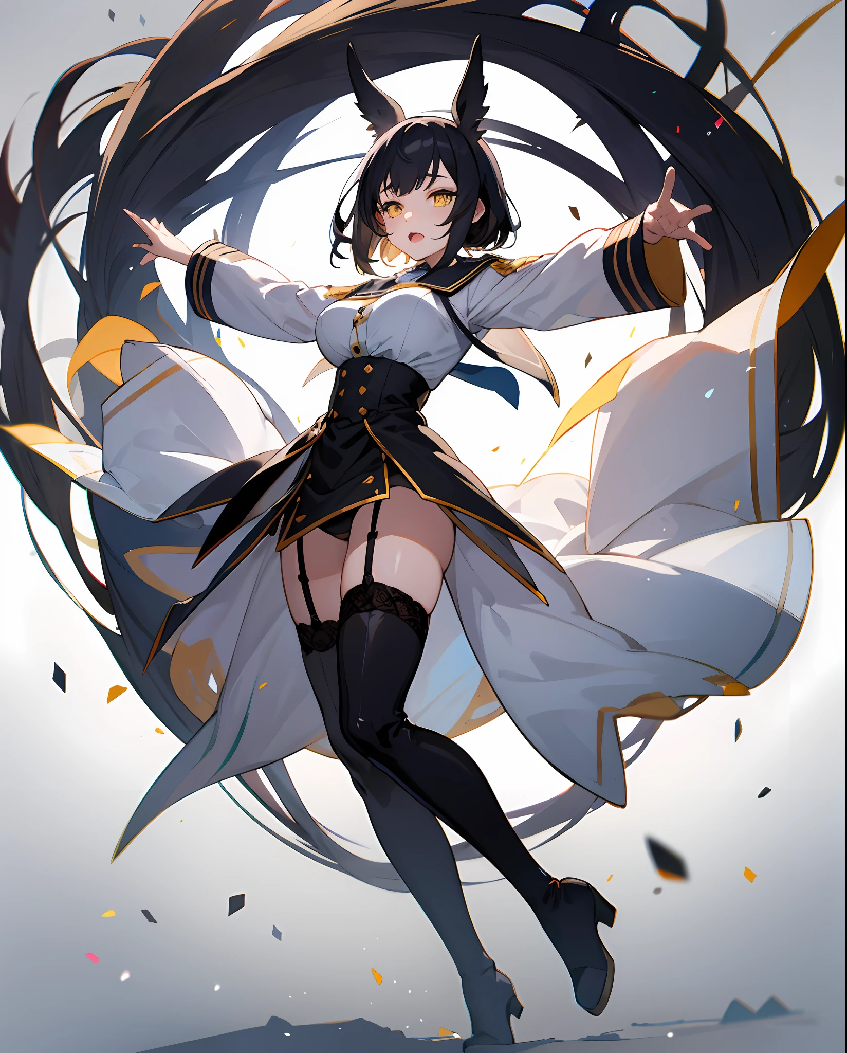 anime girls with black hair and yellow eyes are posing for a picture, anime girls, ecchi anime style, sfw version, pixiv 3dcg, ahegao, top rated on pixiv, oppai, pixiv, official fanart, ecchi, popular on pixiv, at pixiv, anime! 4k, anime! 4 k, head is up, arms out of frame, hands oit of frame, full body, thigh boots, garter belt, 5fingers, large breasts, from low, from below