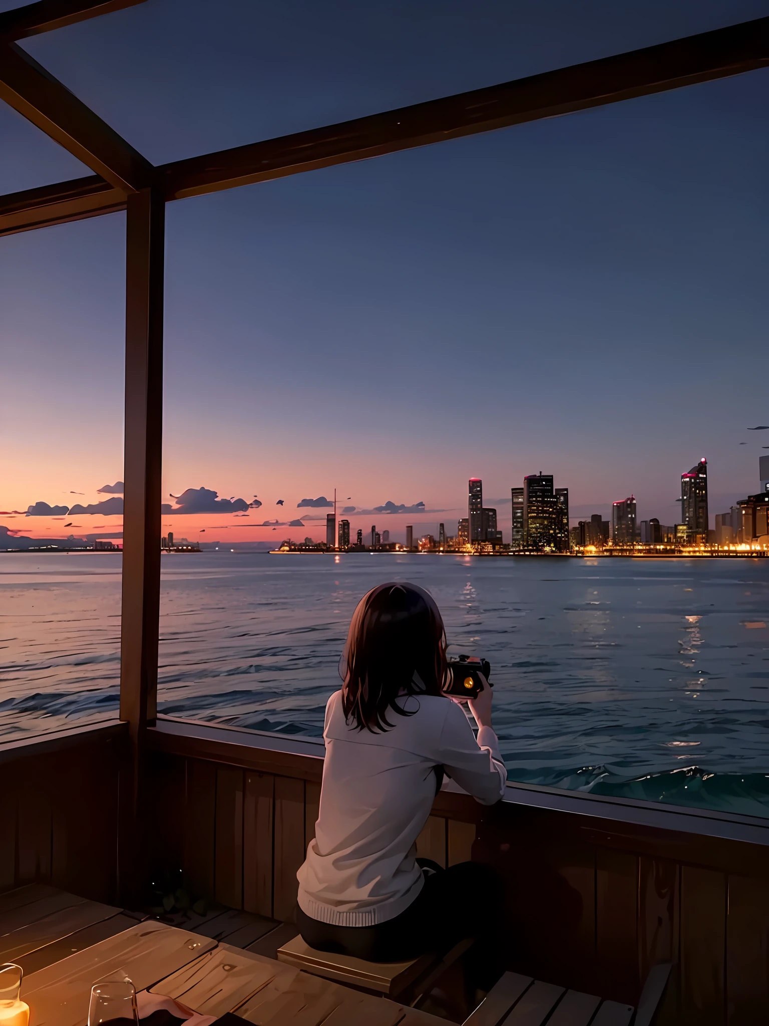 The woman sits at the table,You can see the city at night, chill time. good view, sitting on the beach at night, cinematic full shot, looking at the city, paradise in the background, shot with sony alpha 1 camera, in a beachfront environment, during night, during night, overlooking a modern city, medium shot taken from behind