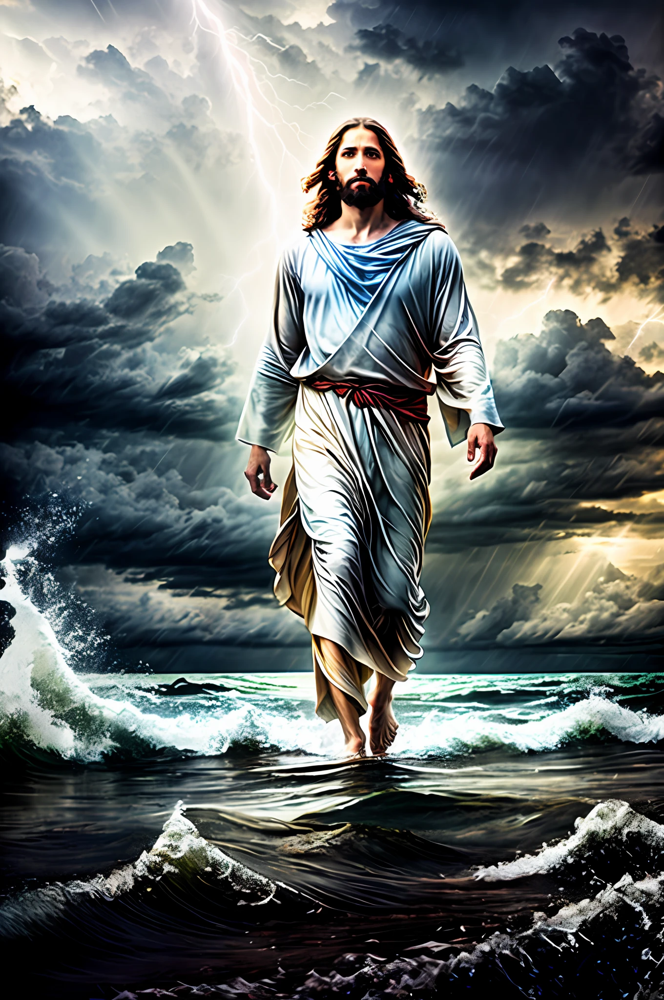 Portrait of Jesus walking on water in a storm, gentle expression, streaks of light coming down from the sky, depth of field, HDR, bloom, chromatic aberration, realistic, very detailed, complex, high detail, dramatic, volumetric lighting