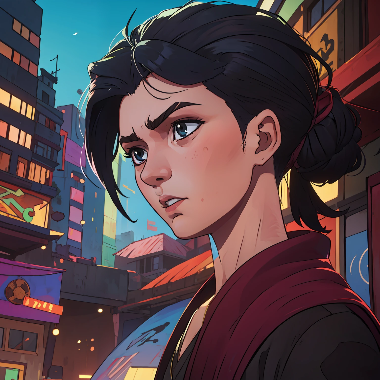 make a gangster anime person with hairstyle as a low mullet mihawk with shaved side black haired metro scenary