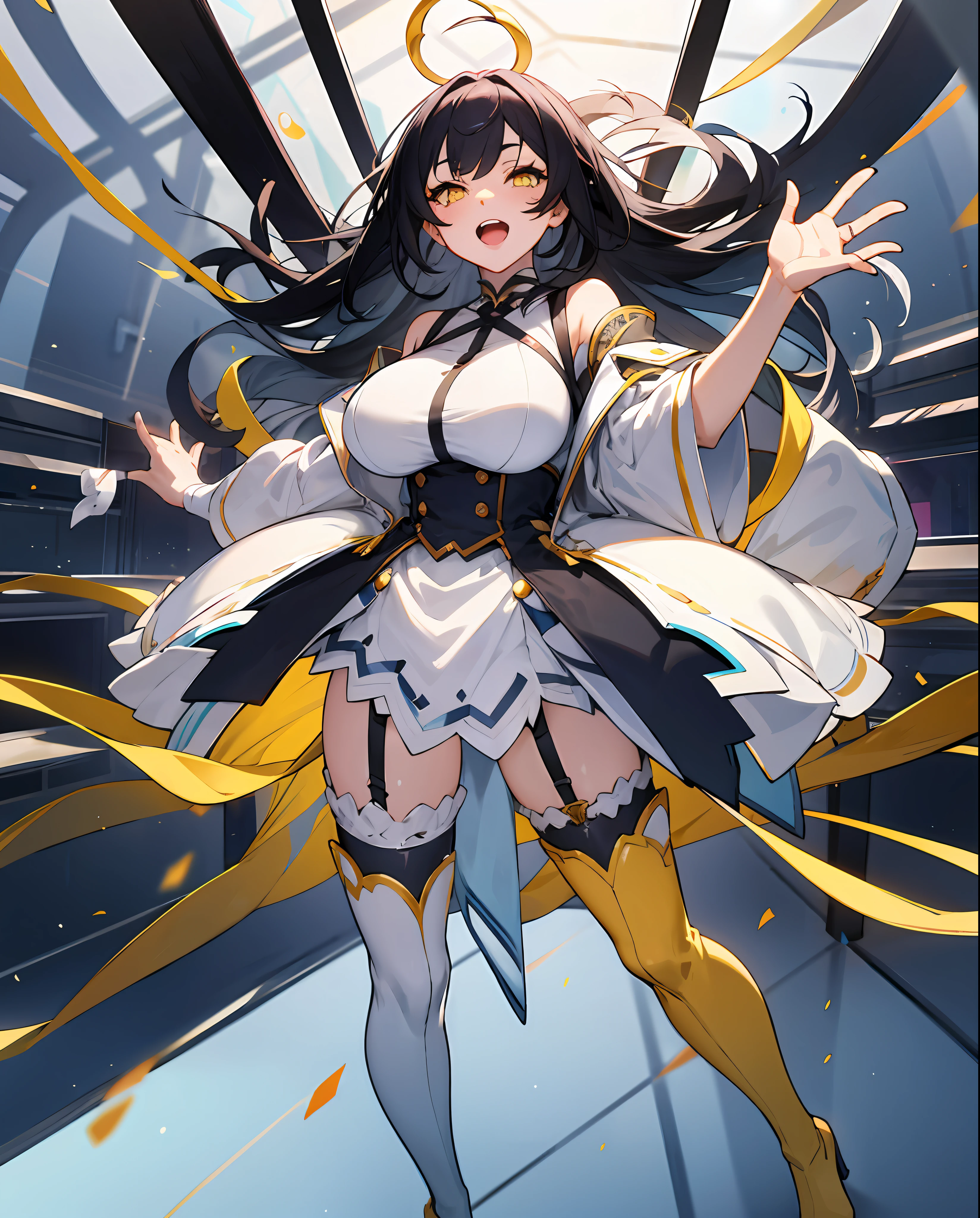 anime girls with black hair and yellow eyes are posing for a picture, anime girls, ecchi anime style, sfw version, pixiv 3dcg, ahegao, top rated on pixiv, oppai, pixiv, official fanart, ecchi, popular on pixiv, at pixiv, anime! 4k, anime! 4 k, head is up, arms out of frame, hands oit of frame, full body, thigh boots, garter belt, 5fingers, large breasts