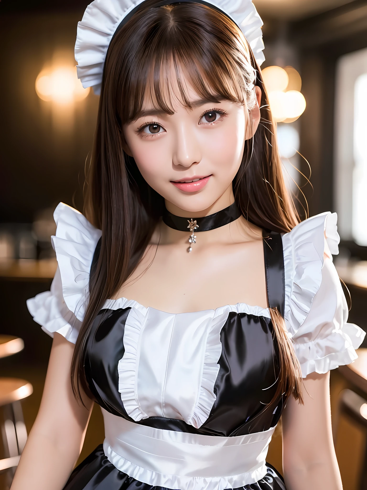 masterpiece, 1 girl per 1 photo, upper body shot, directly front view, a Japanese young pretty woman, wearing a short sleeve satin black cute maid costume in the cafe with a big smile, wearing a white frilled headband, a white frilled apron, a black choker, glamorous figure, hyper cute face, glossy lips, sweaty body, double eyelids in both eyes, Natural makeup, long eyelashes, shiny smooth light brown hair of long bob hair, asymmetrical bangs, tanned skin, central image, 8K resolution, high detail, detailed hairstyle, Detailed Face, spectacular cinematic lighting, octane rendering, vibrant, hyper realistic, perfect limbs, perfect anatomy