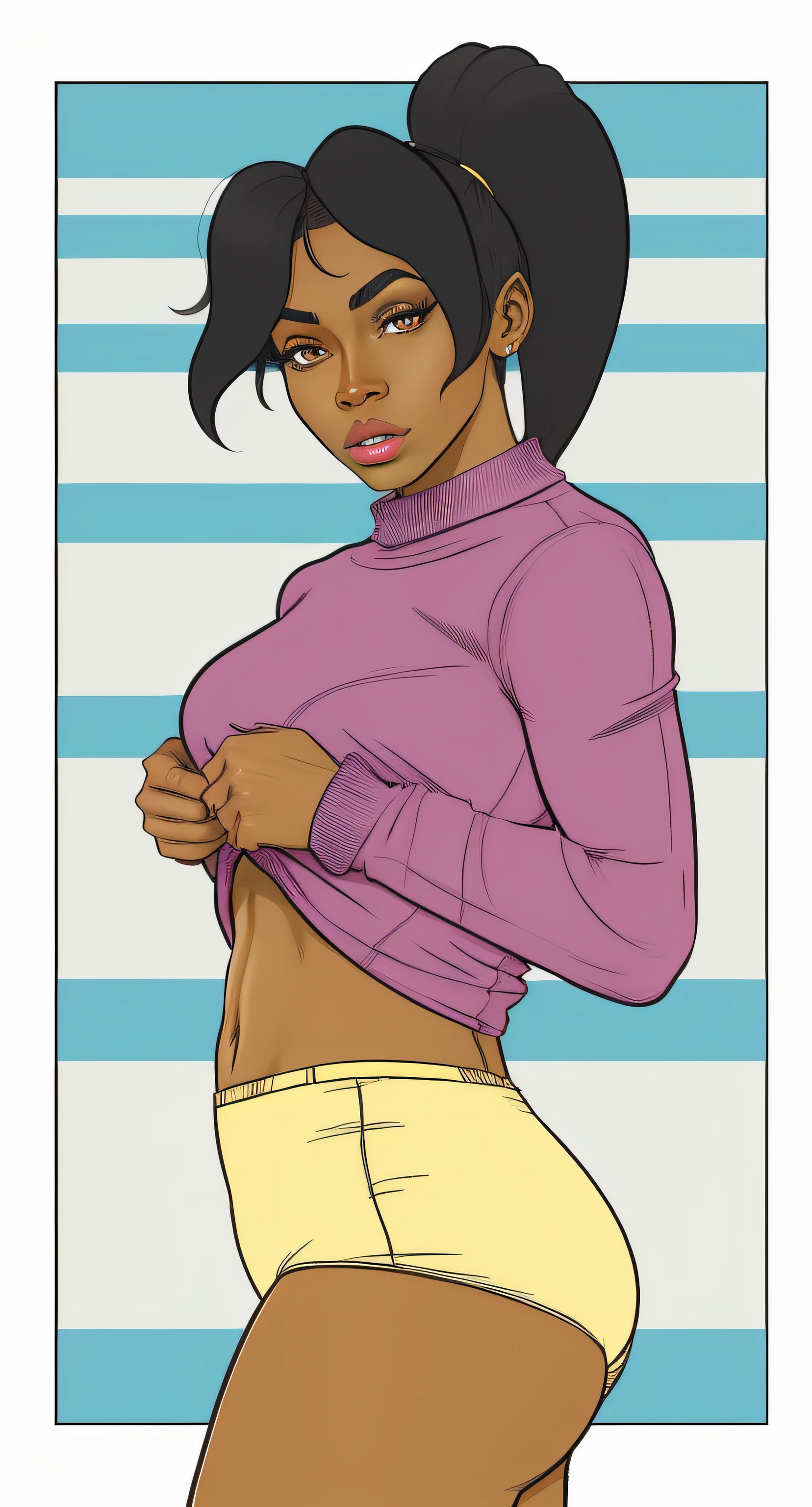 Black woman in purple sweater and yellow cotton panties, comic book art style, detailed wrinkles