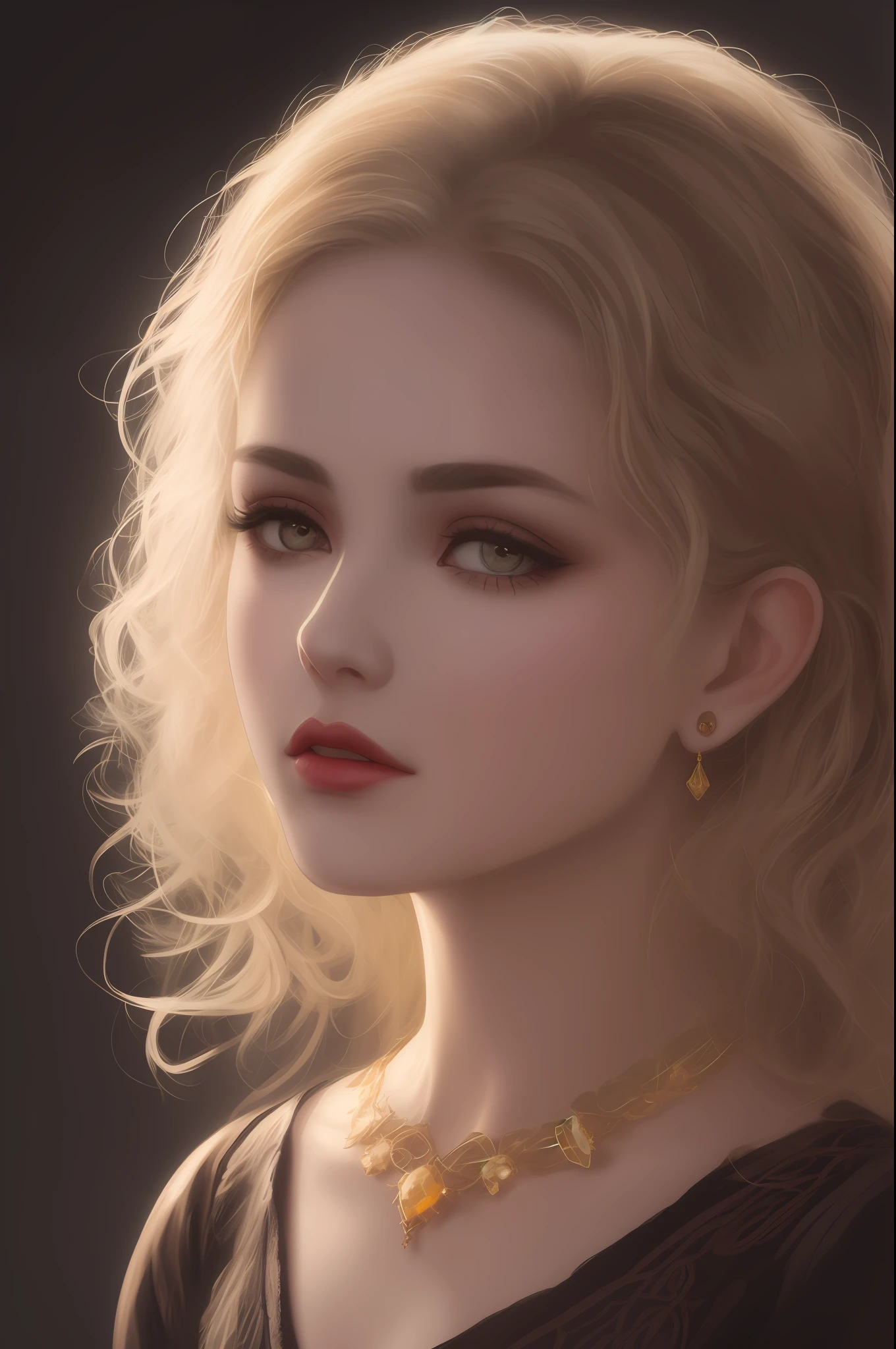 (8k, RAW photo, best quality, masterpiece:1.2), modelshoot style, (dark shot:1.5), Stunningly attractive woman with blonde soft hair, (victorian style:1.2), victorian dress high detailed and intricate, long curly hair, dramatic pose, (soft warm skin with wax effect:1.3), pastel, (glossy lips and the tip of the nose with bright small glare:1.4), (bright highlights:1.6), detailed eyes, (soft volumetric light:1.5), (subsurface scattering:1.5), wax, (night light:1.6), global illumination, Soft Shadows, (dark background with cool lighting:1.0), bokeh, Charlie Bowater, stanley artgerm lau, a detailed painting, fantasy art, artstation, trending on Artstation, art like midjourney and Rutkowski, hyperdetailed, insane details, intricate details, (oil painting:1.5), (digital art:1.5), glare on the corneas of the eyes, round pupils, refraction, screen space reflections, screen space ambient occlusion, (hdr:1.4), full body shot, (gold jewelry with amber gems:1.1)