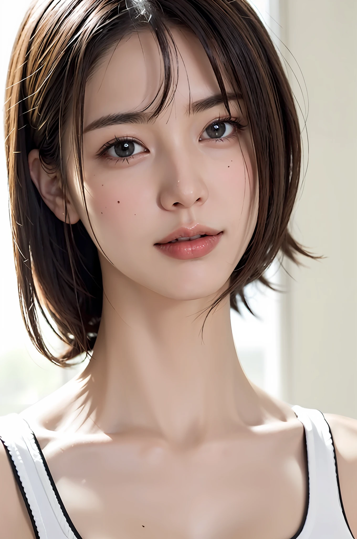 ((Showpiece、sthe highest qualit、High Accuracy))、女の子1人、(pfotorealistic:1.4)、(((Look up at the camera even slightly above、gaze at the camera、Looking up、looking up at the camera)))、solo、、white backbroud、pure white background、close mouth、Happy smile、Smile happily、pretty black hair、Shorthair、big Eyes、Distinct double eyelids、Lashes、Put your ears out、long neck、long neck、Absolute Area、((Face close-up))、19歳、Attractive proportions、Glossy skin、Clean collarbone、The face of the golden ratio、perfect faces、Tear mole、Mole on the chest、bangs、Clean bangs、Beautiful bangs、lipgloss、thin lips、White-colored skin、undressed、big Chest、Small Face、smaller face、Staring at the camera slightly upwards