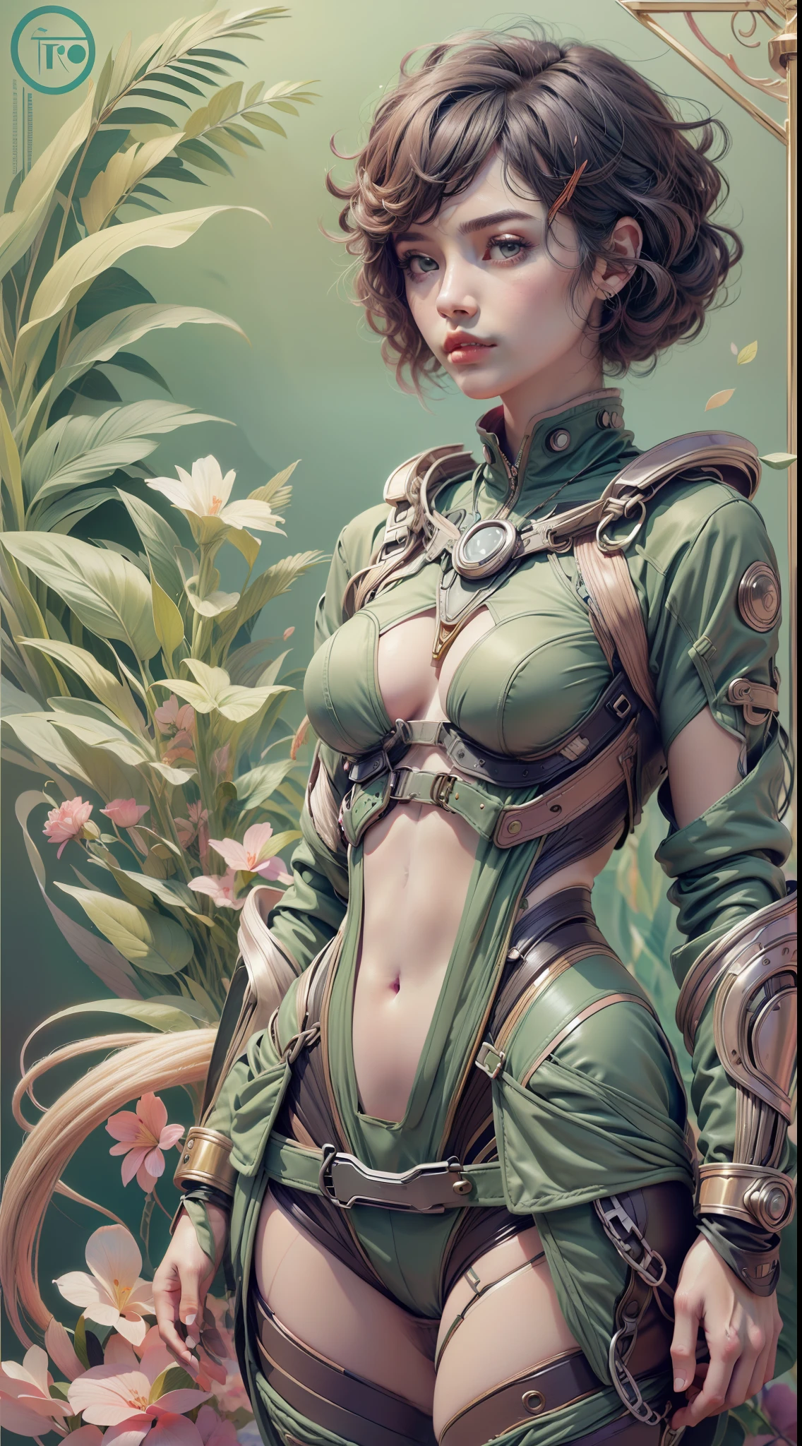 album cover, Adriano Tomine, Akihiko Yoshida, Alphonse Mucha, afrofuturismo, design biofílico, Expressionismo abstrato(1belissima mulher com roupa techwear, cabos, fios)fundo abstrato detalhado