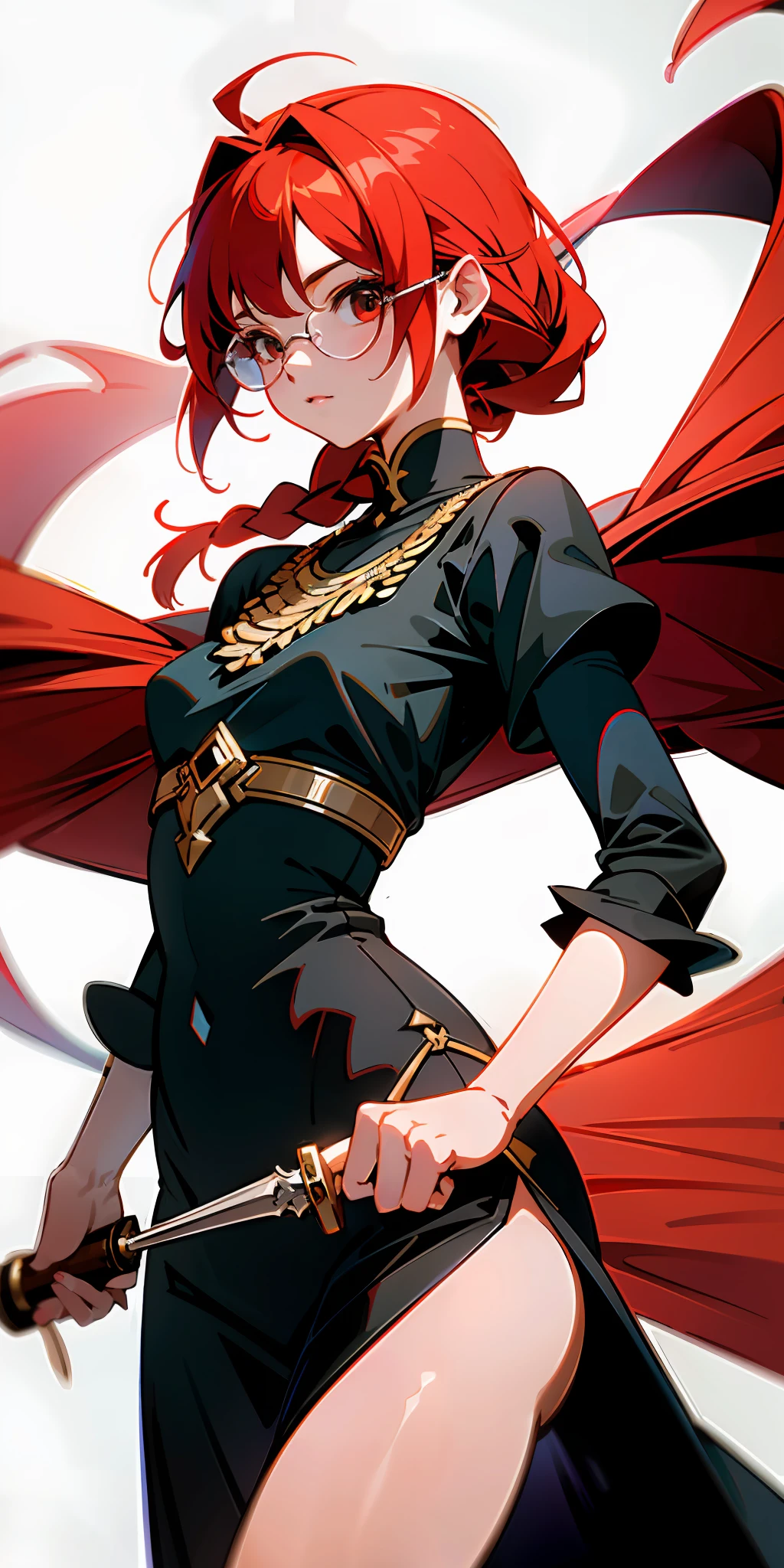 absurd resolution, high resolution, (masterpiece: 1.4), ultra-detailed, 1girl, young warrior, simple clothes, wearing glasses, red hair, hairstyled a braid, Arabic dagger, holding an Arabic dagger