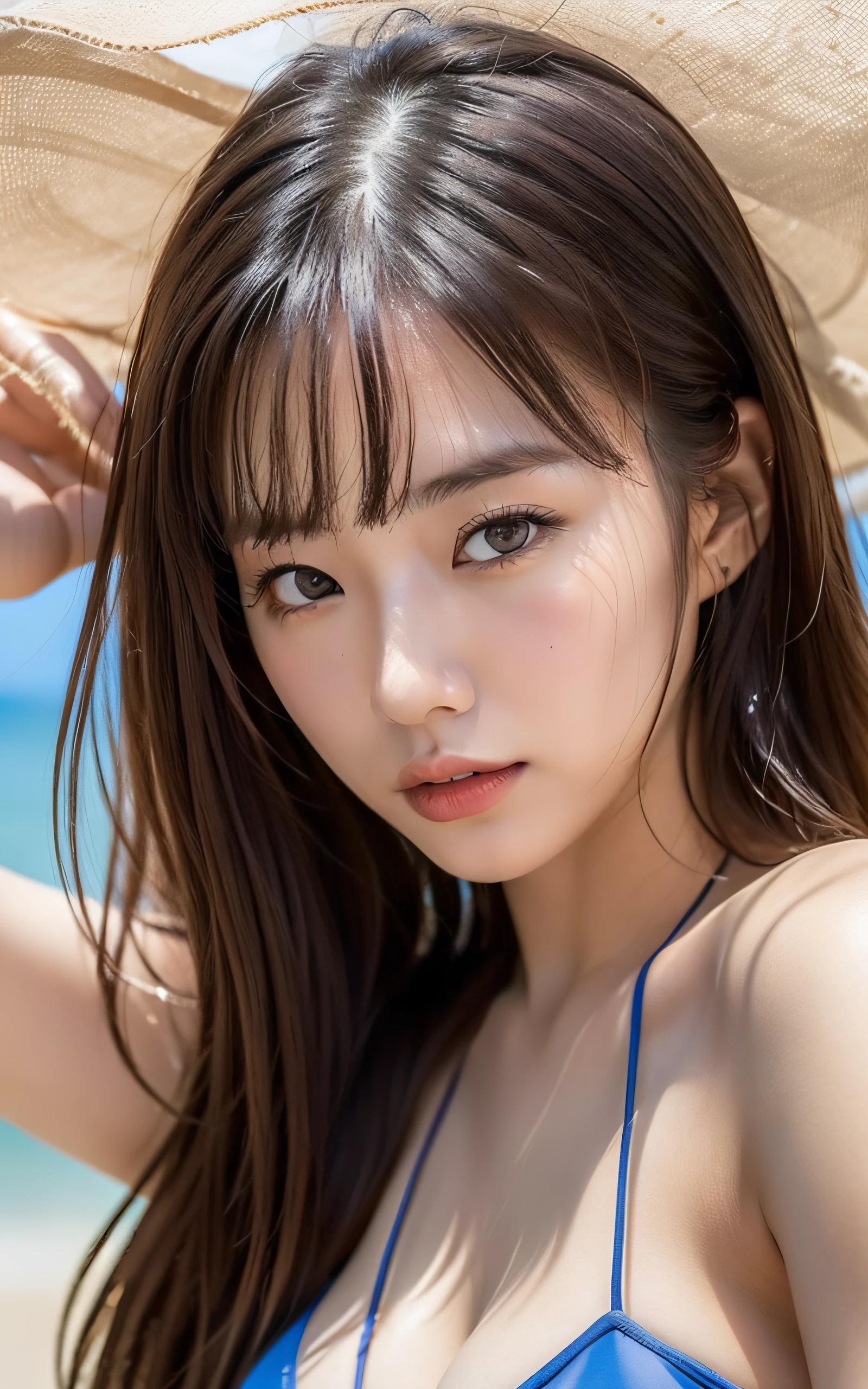 Japan woman in light blue bikini on the beach, Beautiful asian girl, Beautiful Japanese women, The model:1.3, goddess of Japan, gorgeous bikini model, , asian women, Sexy woman ((Highest Definition、8k、Master peace、:1.3))、An ultra-fine face、Ultra Fine Lips、Fine eyes、Double eyelidd,(raise two hands),(A sexy:1.3),all body,An ultra-fine face、Ultra Fine Lips、Fine eyes、Double eyelidd:1.2 (pfotorealistic, RAW Photography, highest quality: 1.4),Al Eyes, Beautiful eyes, (realistic skin), besutiful skin,Super high-definition, the golden ratio,(1 girl),all body,(Huge Tits:1.4),25歳、(Round Face:1.3),