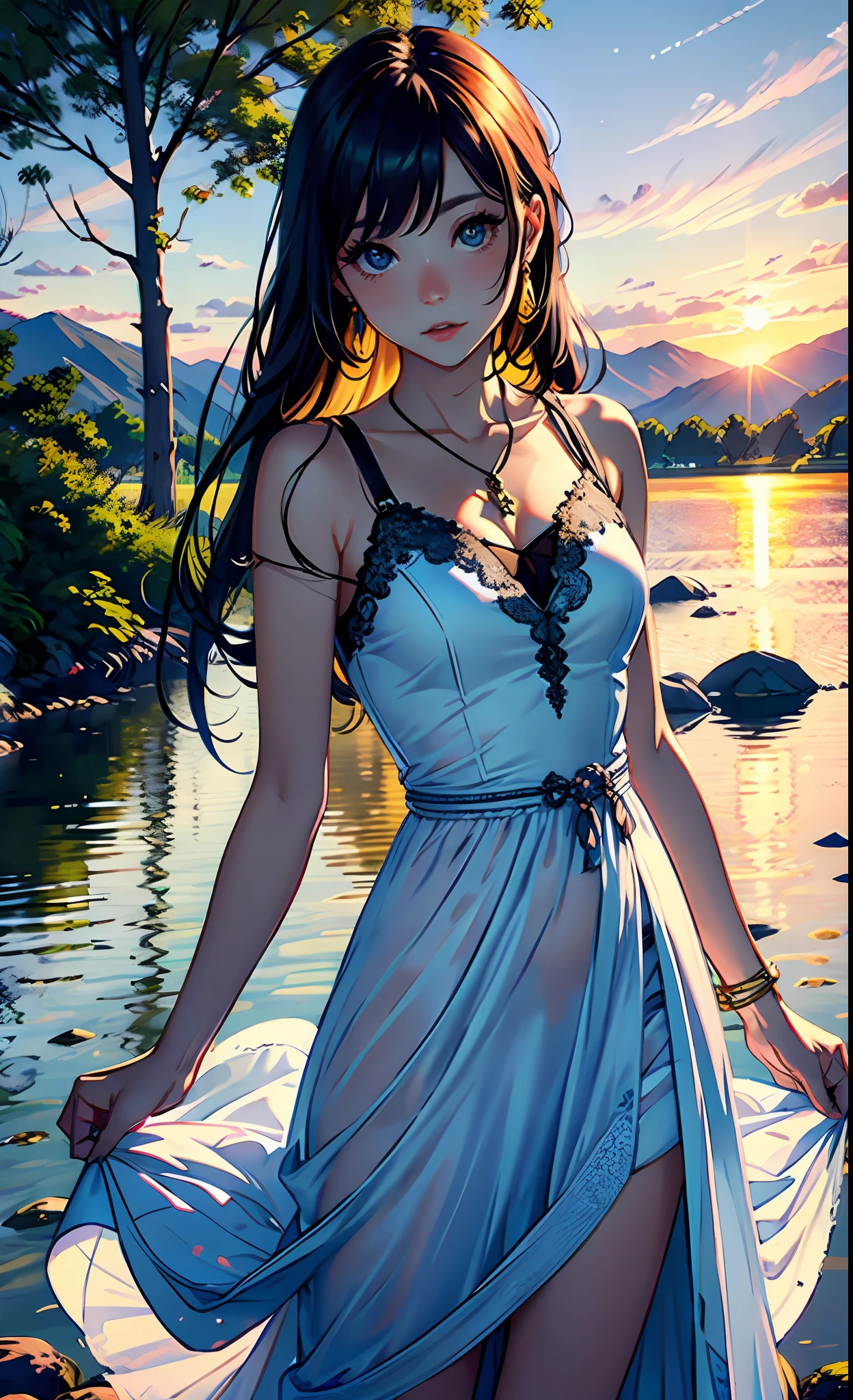 Clouds illuminated by the sun、peaceful atmosphere、Idyllic sunset、Zentangle、a Mandala、Too beautiful detailed background，is super detailed、OFFICIAL ART、ユニティ 8k 壁紙、water color painting、CINEMATIC、1人の女の子、serene expression、Staring at the viewer with captivating eyes、Eyes drawn accurately down to the iris、Straight long hair、flowy dress、accessory、calm posture、Porcelain skin、subtle blush、Crystal Pendant BREAK Golden Hour、(Rim Lighting):1.2、Warm tones、Solar flares、soft shadows、VIVID COLORS、Pictorial effects、Dreamy atmosphere BREAK Scenic lake、Distant mountains々、Willow tree、Calm water、reflective、