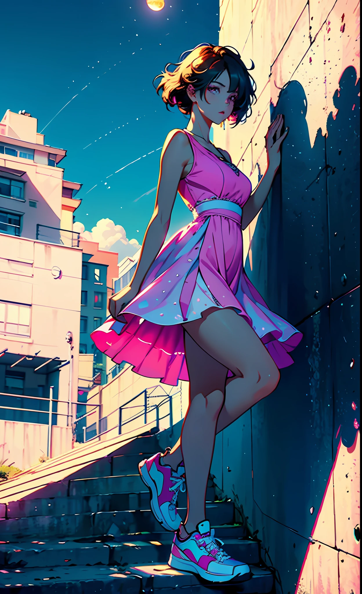 , (beautiful magnificent skyline, magnificent sky), (great tension and dramatic graphics, moving visuals), (hanging north star, colorful natural light), best quality, (very detailed CG Unity 8k wallpaper) (best quality), (best illustration), (best shadow, , slim beauty , full legs, pink dress, colorful sneakers,